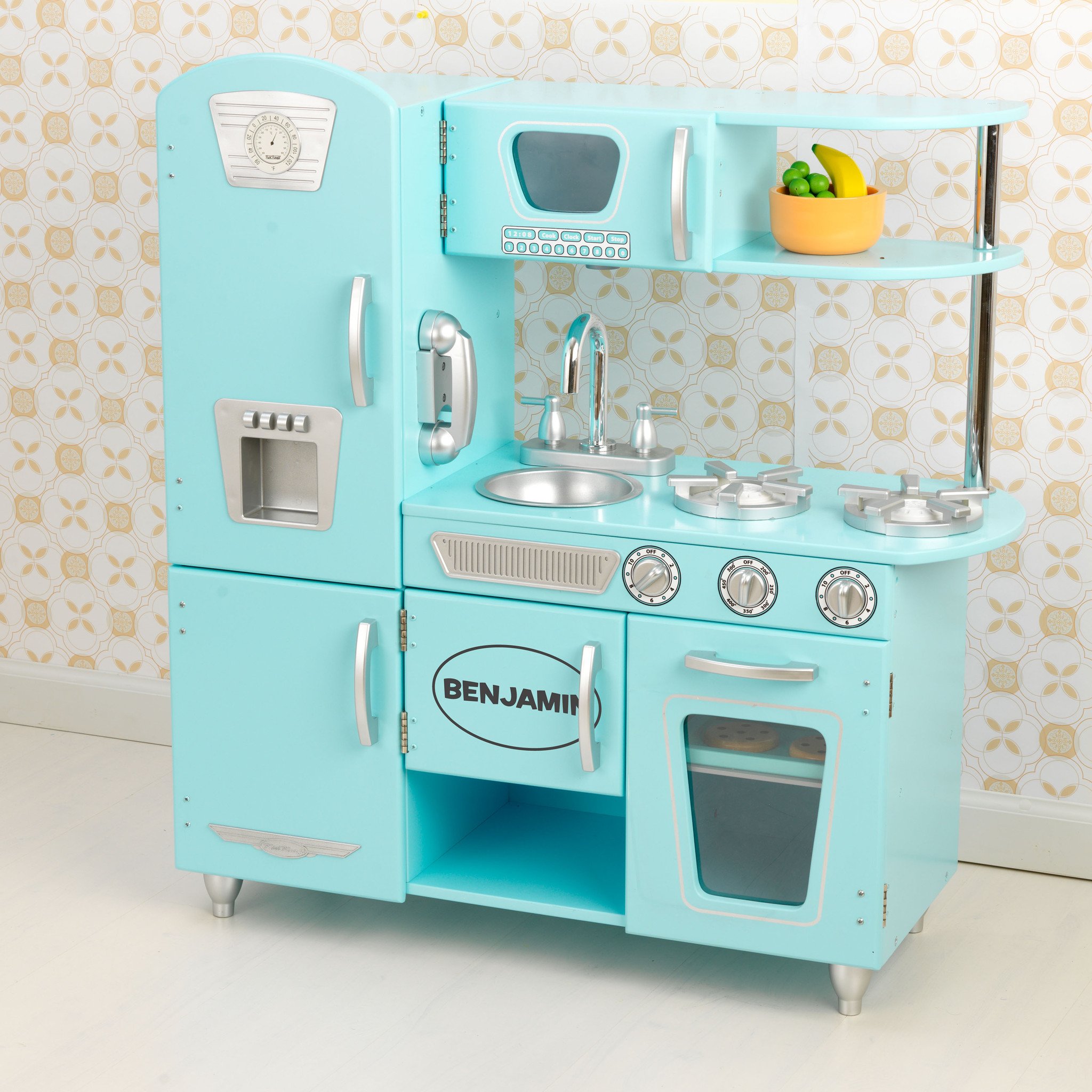KidKraft Vintage Wooden Play Kitchen Toy Set with Pretend Ice Maker & Play Phone - Blue | Pretend Cooking & Role Play for Toddlers & Kids Ages 3+ | Perfect for Home, Preschool & Daycare Playrooms