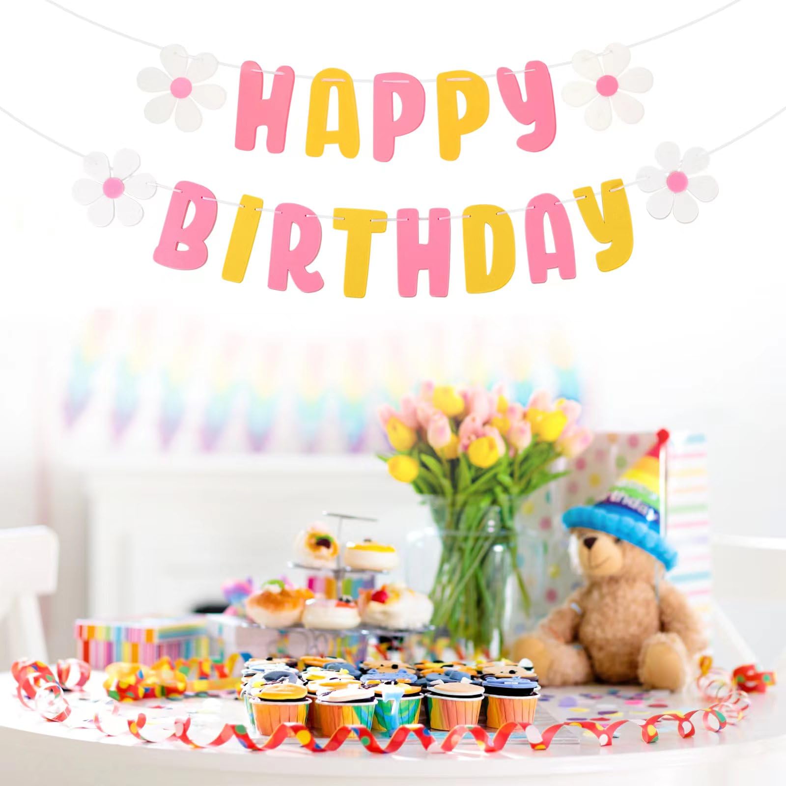 Pastel Happy Birthday Banner - Felt Birthday Banner with Flower Garland for Rainbow Birthday Party Decorations, Cute Pre-Strung Banner for Baby Shower, Bridal Shower & Kids Birthday Party Decor