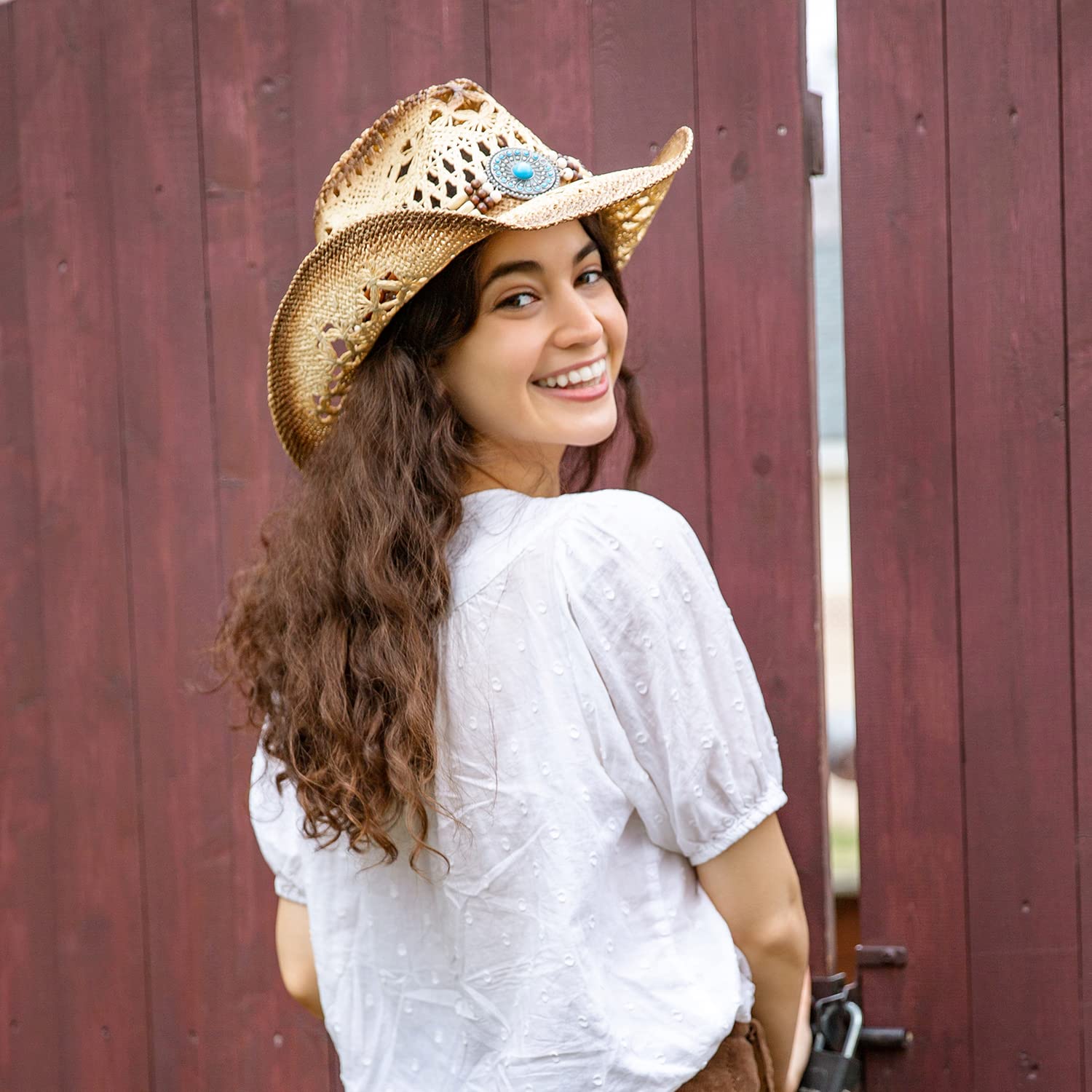 TOVOSO Adjustable Straw Cowboy Hat for Women & Men - Western Style Sun Hat with Shape-It Brim - Orange Beaded Design & Tea Stain Finish - Perfect for Rodeo, Music Festivals & Summer Outdoor Activities