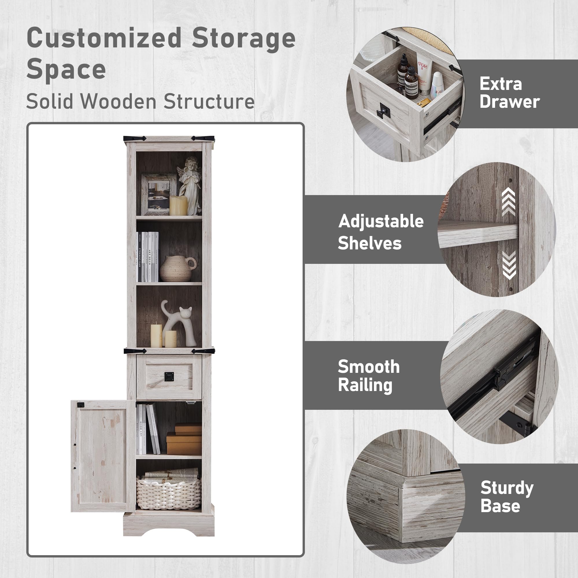 Farmhouse Bathroom Storage Cabinet with Adjustable Shelves & Drawer - Tall Linen Tower Organizer for Bathroom, Living Room, Bedroom - Antique White Finish for Rustic Home Decor