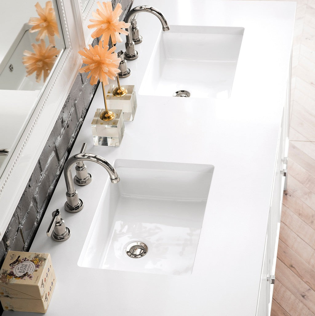James Martin Vanities Athens Collection 60-Inch Double Bathroom Vanity in Glossy White with Solid Surface Countertop - Modern Bathroom Furniture for Master Bath & Guest Bath Remodeling
