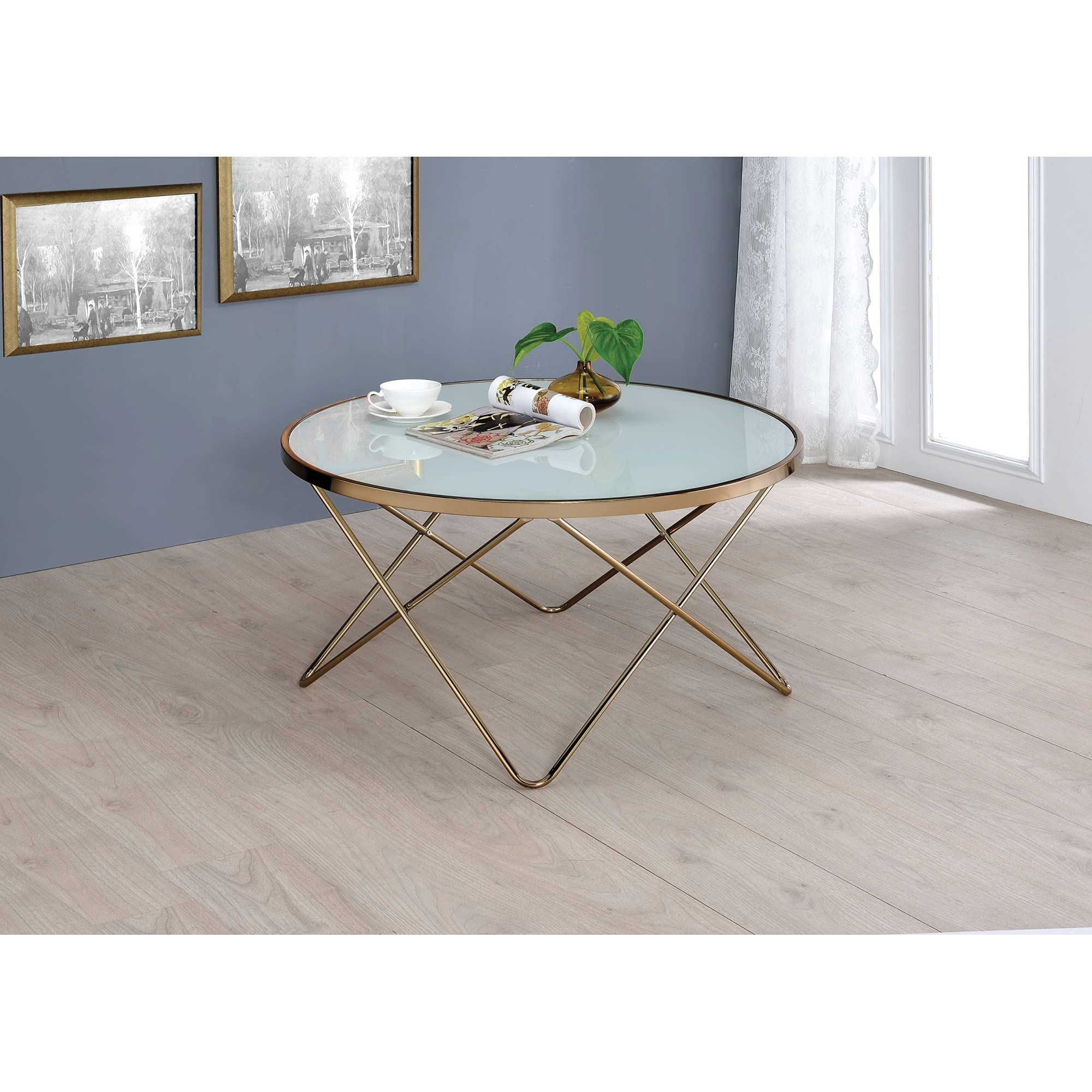 Modern Champagne Gold & Frosted Glass Coffee Table - Stylish Living Room Centerpiece for Home Decor, Perfect for Small Spaces & Apartments
