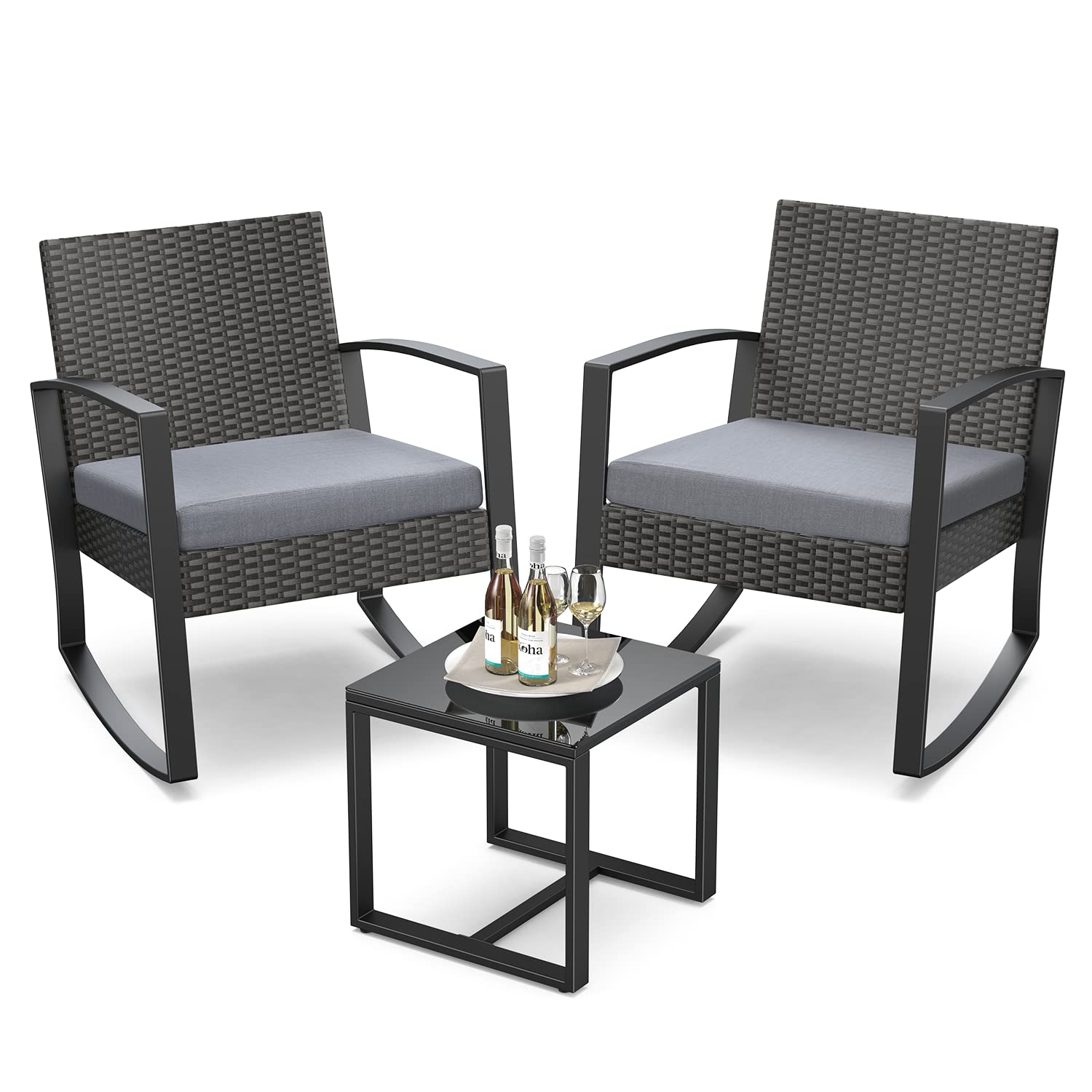 3-Piece Patio Furniture Set - Outdoor Rattan Rocking Bistro Set with Coffee Table for Garden, Balcony, Backyard & Poolside - Grey Cushion Included (Perfect for Relaxing, Entertaining & Outdoor Dining)