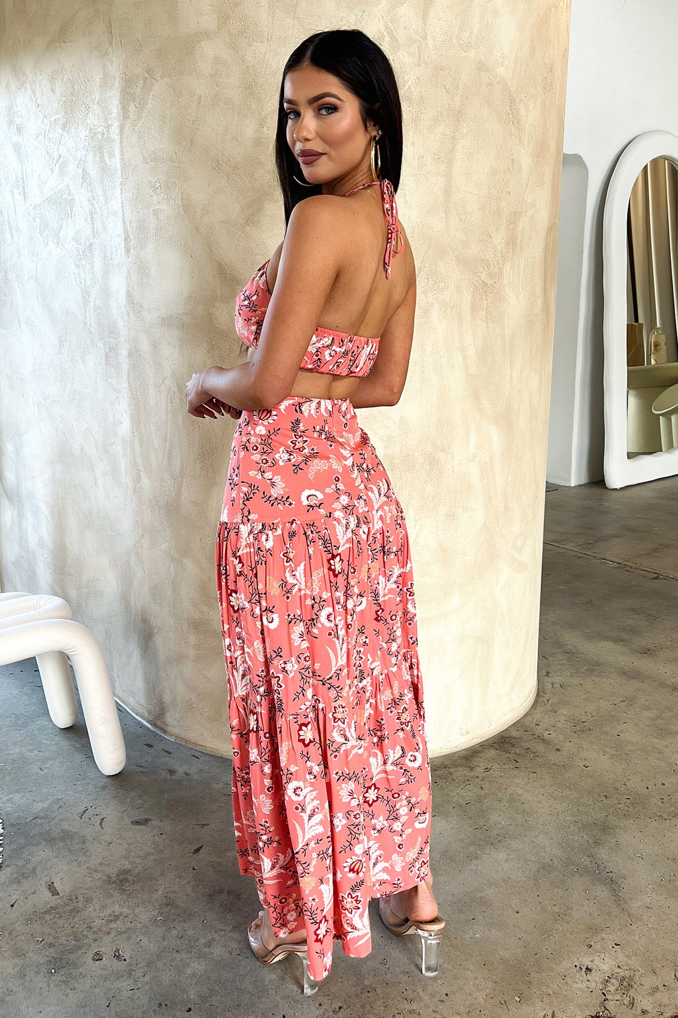 Lora Crop Top - Coral Floral Print Women's Summer T-Shirt | Boho Chic Blouse for Beach, Music Festivals & Casual Outfits