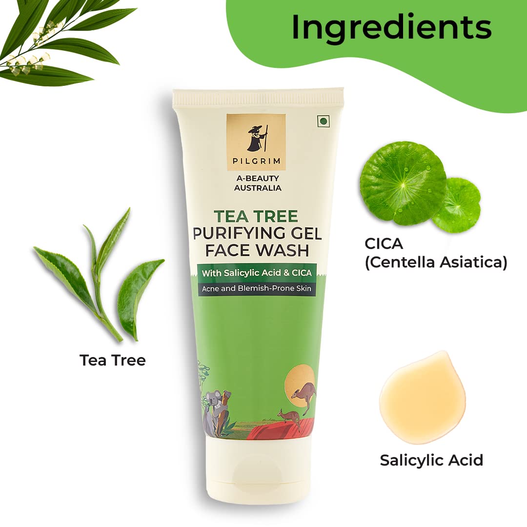 Pilgrim 1% Salicylic Acid Face Wash Gel 100ml - CICA & Tea Tree Oil Cleanser for Oily & Acne-Prone Skin | Non-Drying Formula for Men & Women | Perfect for Daily Skincare Routine & Acne Treatment