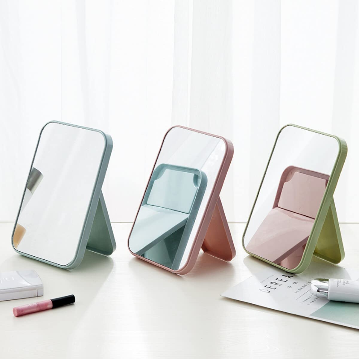 Leeonz Rectangular Vanity Makeup Mirror with Folding Bracket - Adjustable Desktop Dressing Mirror with Stand for Women & Girls (Blue) | Perfect for Bedroom, Bathroom, Dorm Room & Travel Makeup Application