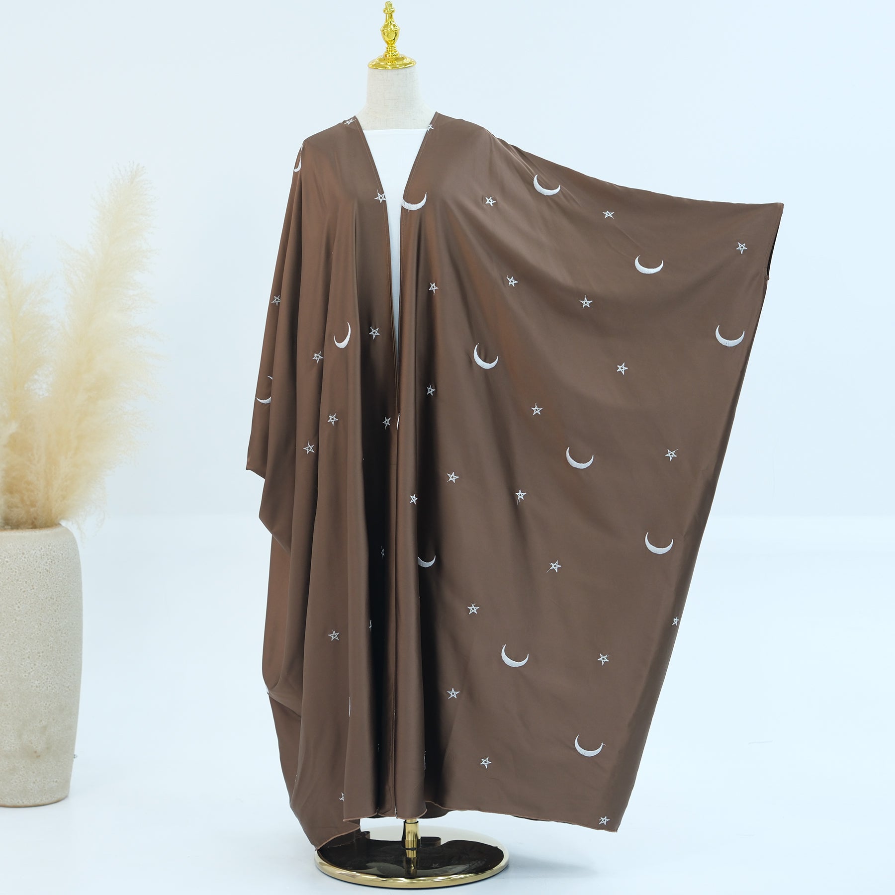 Elegant Hannah Moon Star Open Abaya in Brown - Modest Islamic Prayer Dress for Women - Perfect for Daily Wear, Mosque Visits & Special Occasions