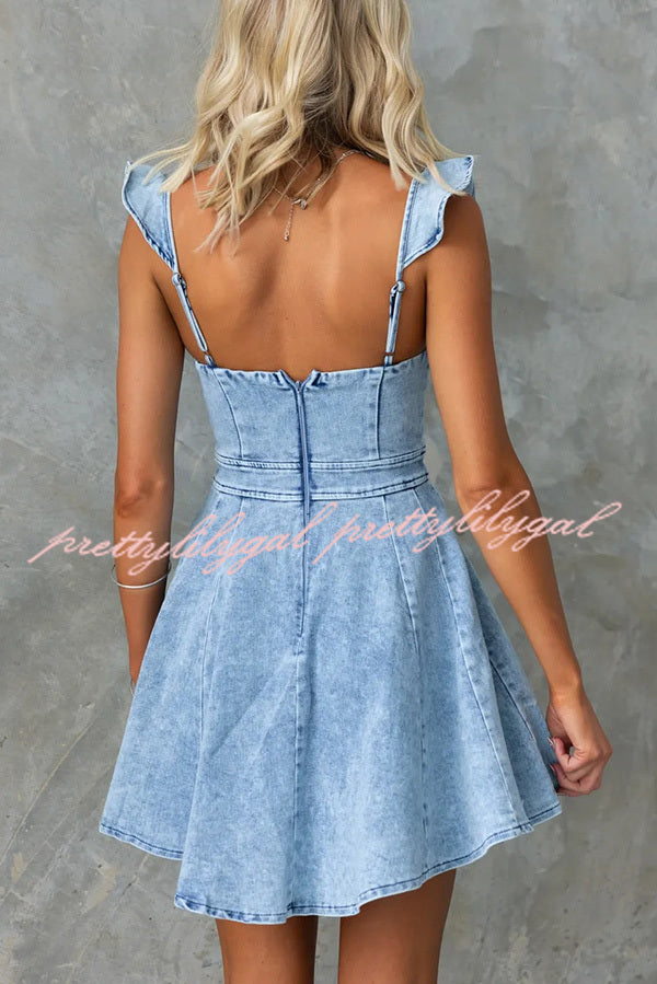 Sweet Secret Women's Denim Square Neck Ruffle Sleeve Stretch Mini Dress - Casual Summer Outfit for Date Night & Beach Vacation