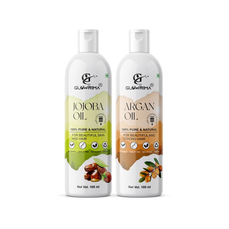 Glowrima 100% Pure Jojoba Oil & Argan Oil Combo Set - 100ML Each for Hair Growth, Anti Hair Fall, Split Ends Repair - Promotes Soft, Shiny Hair (Pack of 2) - Perfect for Daily Hair Care & Scalp Treatment