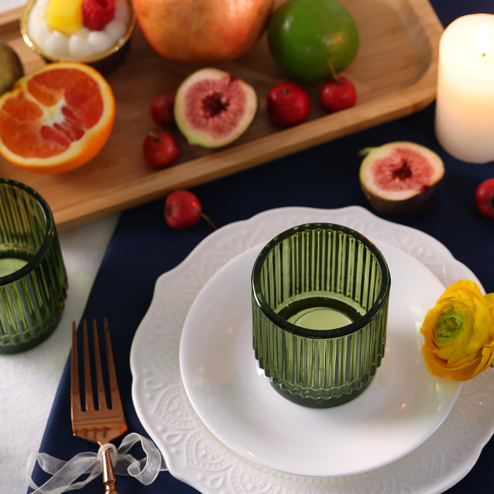 8-Piece Large Green Glass Votive Candle Holders - Wedding Centerpiece Decor, Boho Tea Light Candle Holders for Bridal Shower, Easter Table Decor, Party & Home Decoration - Perfect for Wedding Receptions, Dinner Parties, and Holiday Tablescapes