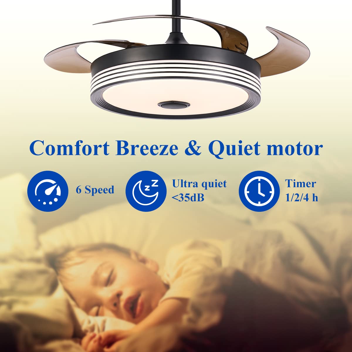 42 Inch Modern Retractable Ceiling Fan with Lights - 6 Speed Dimmable Smart Fandelier, Bluetooth Speaker & RGB Lighting, Remote Control (Black) - Perfect for Living Room, Bedroom & Outdoor Patio - Buy 1 Get 1 Free Spare Part