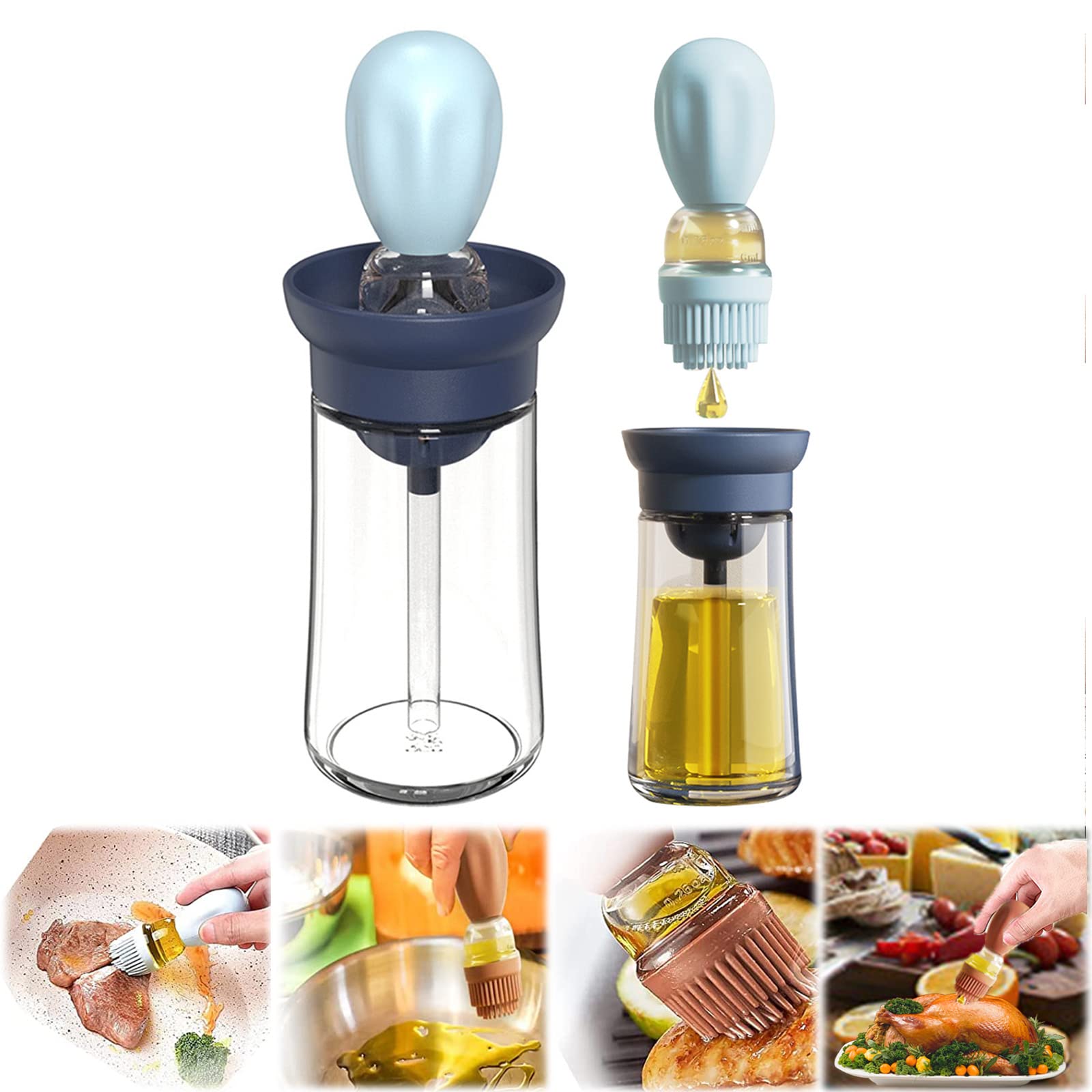 Premium Glass Olive Oil Dispenser with Brush & Silicone Dropper - 2-in-1 Measuring Oil Bottle for Kitchen Cooking, Frying, Baking | Perfect for BBQ, Pancakes, Air Fryer & Marinating | Leak-Proof Design for Easy Pouring & Precise Measurement