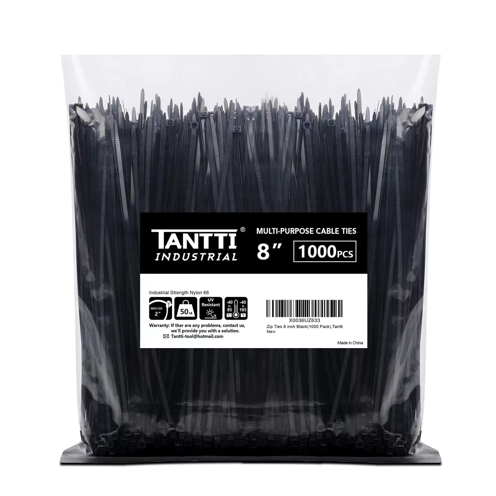 1000 Pack 8-Inch Black Heavy Duty Zip Ties - 50lb Tensile Strength UV Resistant Self-Locking Cable Ties for Indoor/Outdoor Use | Perfect for Organizing Wires, Securing Plants & DIY Projects | Tantti