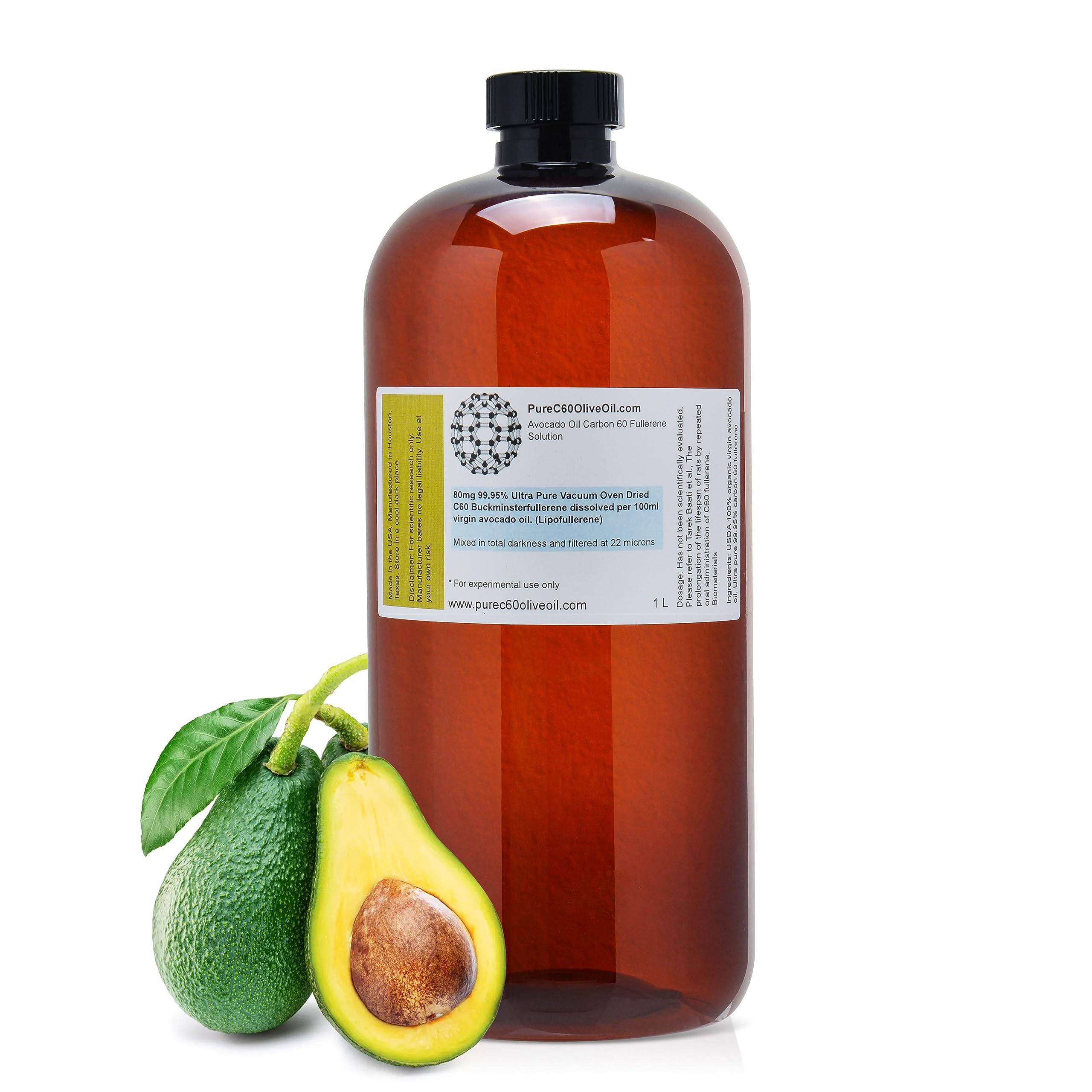 Pure C60 Olive Oil & Organic Avocado Oil Blend - 99.95% Carbon 60 Solvent Free (800mg) in 1L/33.8oz Amber Glass Bottle - Food Grade Supplement - Antioxidant Rich for Skin Care & Wellness - Made by Leading Global Producer - Perfect for Daily Health Regimen & Anti-Aging Routine
