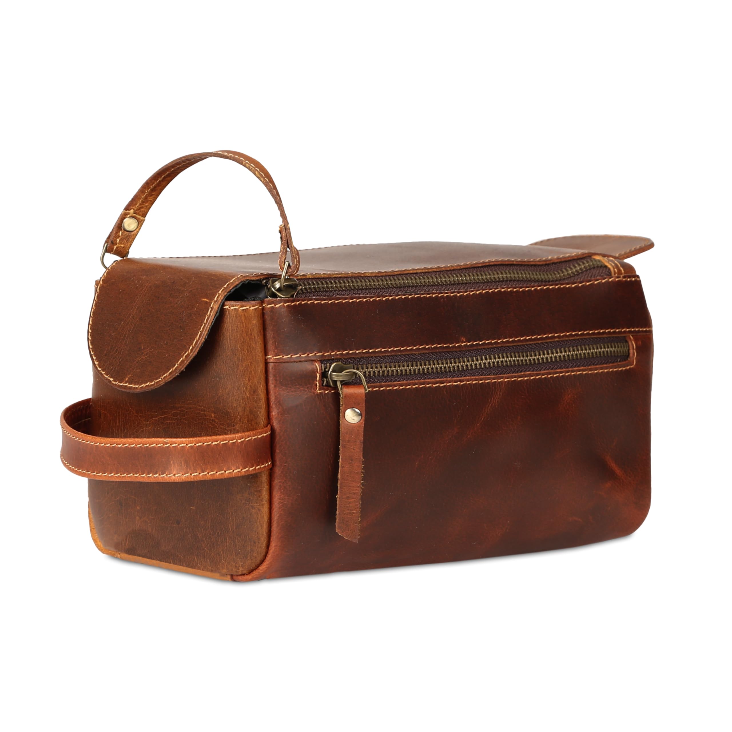 Premium Buffalo Leather Unisex Toiletry Bag - Travel Dopp Kit for Men & Women (Distressed Orange Tan) - Perfect for Camping, Gym & Business Trips