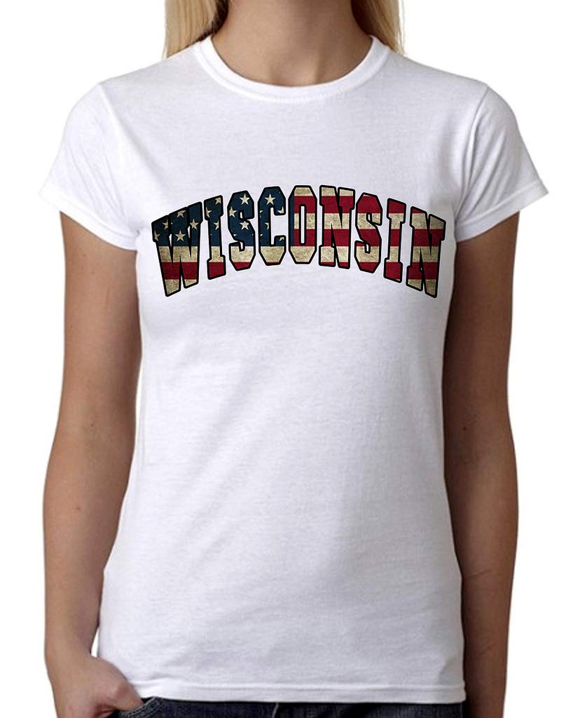 Junior's Wisconsin USA Flag B1585 Tee PLY White T-Shirt - Patriotic Cotton T-Shirt for Women, Casual Comfort Wear for 4th of July, Memorial Day & Independence Day Celebrations