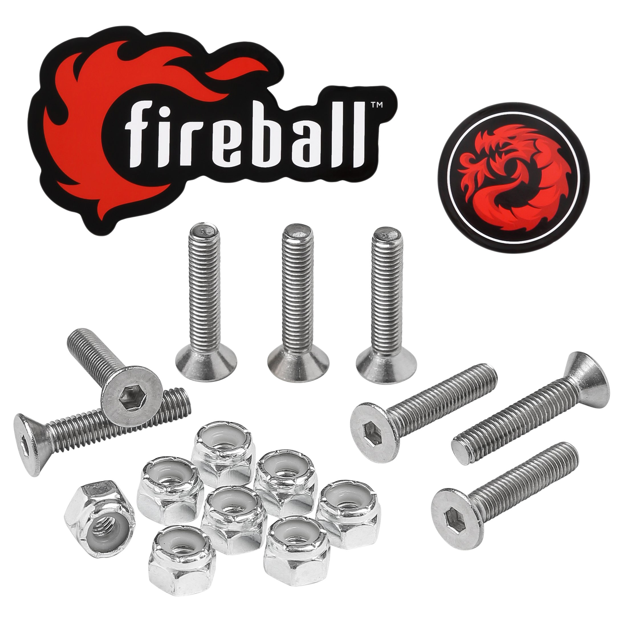 Fireball Dragon Skateboard Hardware Kit - 8 Ultra Strong Stainless Steel Mounting Screws & Nuts Set for Longboard, Cruiser & Skateboard - Durable Skateboard Truck Bolts for Smooth Riding (Perfect for Commuting, Tricks & Street Skating)