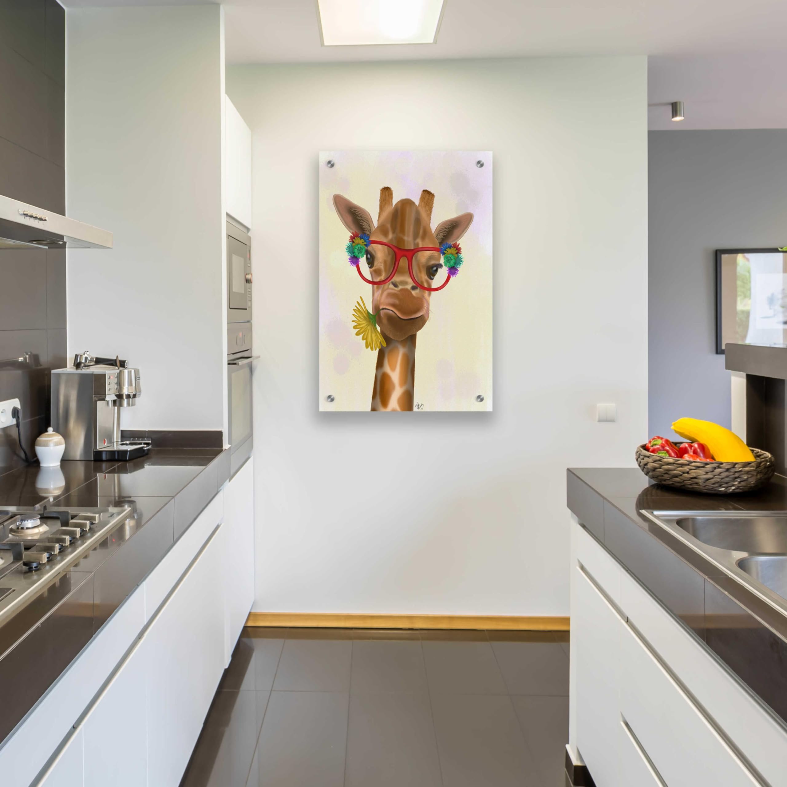 Epic Art 'Giraffe and Flower Glasses 3' by Fab Funky - Vibrant Acrylic Glass Wall Art Decor 24x36 Inches - Perfect for Living Room, Bedroom or Office Modern Decor