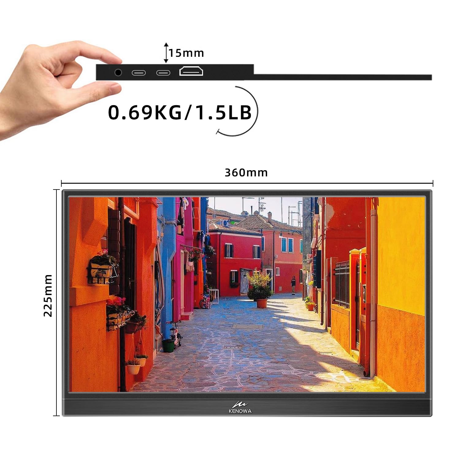 Kenowa 15.6 Inch Portable Touchscreen Monitor - Full HD 1080P IPS Display with HDR, USB-C & HDMI Ports, Built-in Speakers & Stand | External Second Screen for Laptop, PC, Mac, Gaming (Xbox, PS4/5, Switch) & Mobile Work Setup