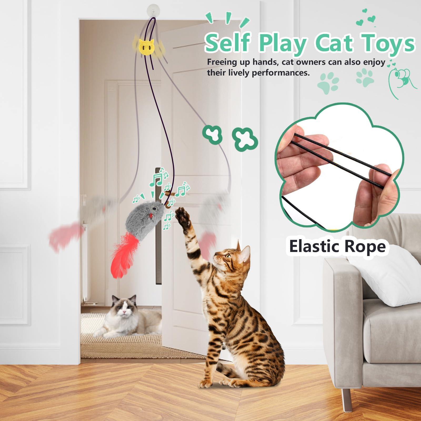 FYNIGO Self Play Cat Toys - 2 Pack Interactive Door Hanging Cat Mouse Toys with Squeaky Sound & Feather Tail - No Batteries Required - Indoor Cat Enrichment Toys for Bored Adult Cats - Perfect for Playtime, Exercise & Mental Stimulation