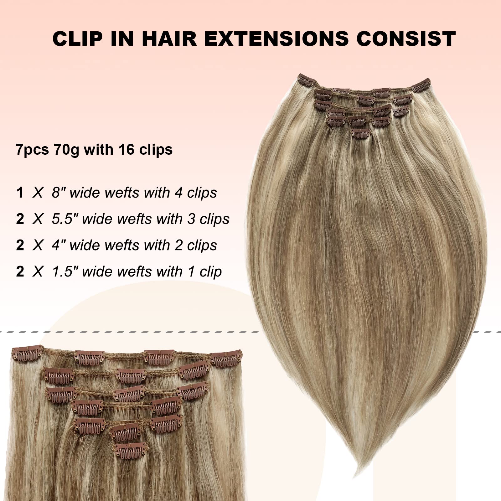 Premium Clip-in Hair Extensions - 22 Inch 7-Piece Blonde Highlighted Remy Human Hair Set (Beige & Platinum Blonde) with Invisible Clips for Natural Volume & Length - Perfect for Parties, Weddings & Daily Styling