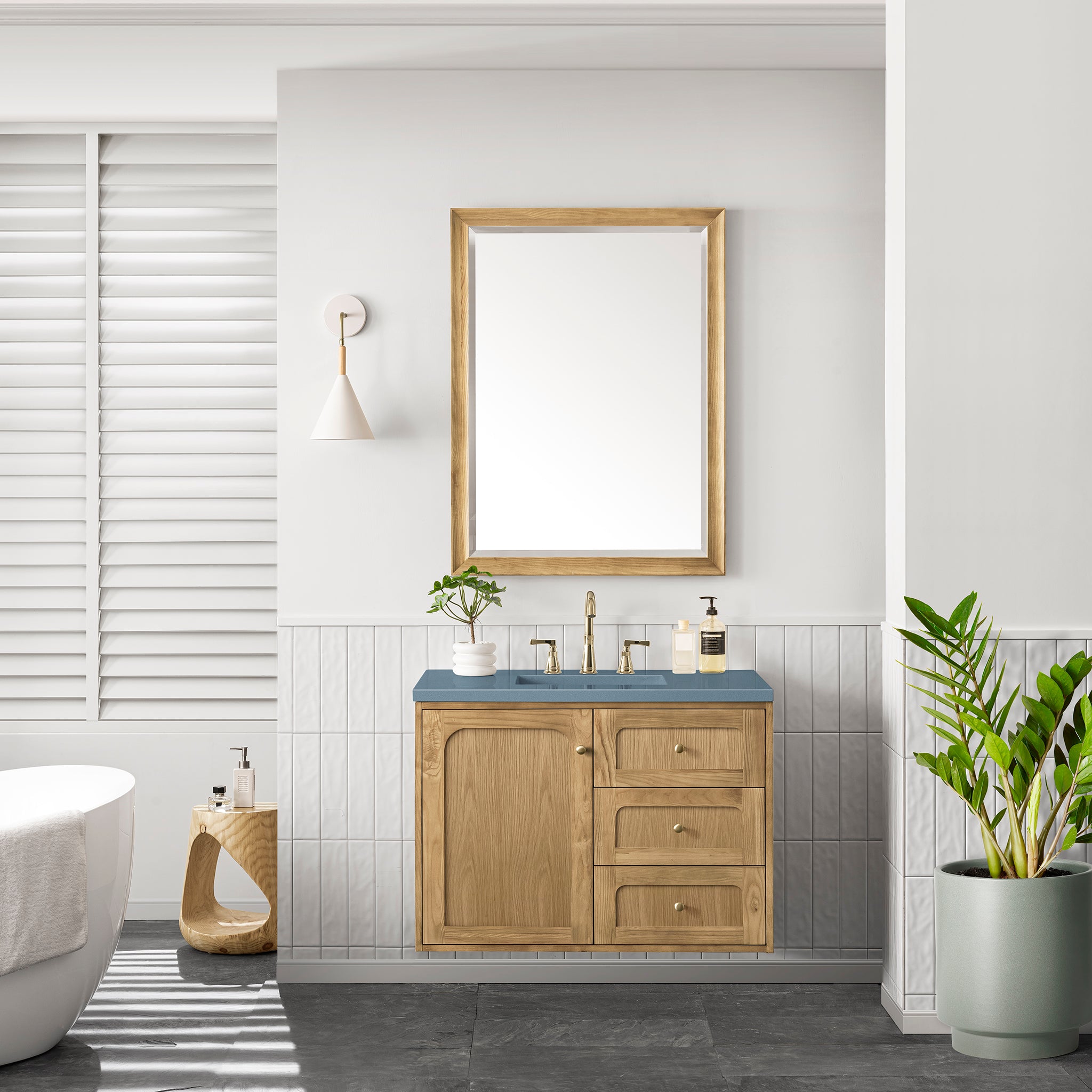 Laurent 36 Inch Single Bathroom Vanity with Light Natural Oak Finish & 3CM Cala Blue Stone Top - Perfect for Modern & Coastal Bathroom Designs