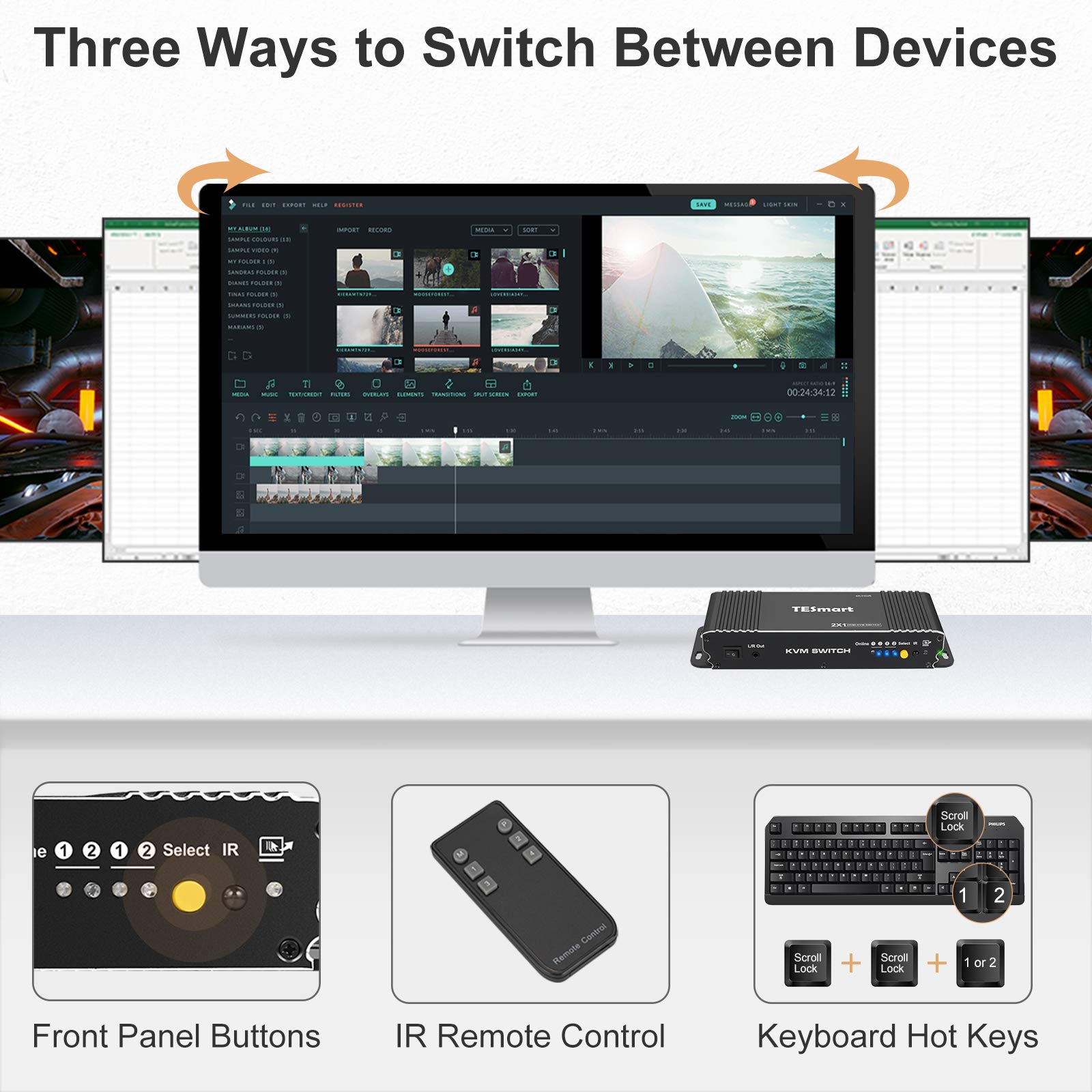TESmart 2 Port HDMI KVM Switch 4K@60Hz HDCP 2.2 - 2x1 KVM Switcher for 2 Computers with USB 2.0 Support, Includes 2x 1.5m Cables - Perfect for Home Office, Gaming & Server Control (Matte Black)