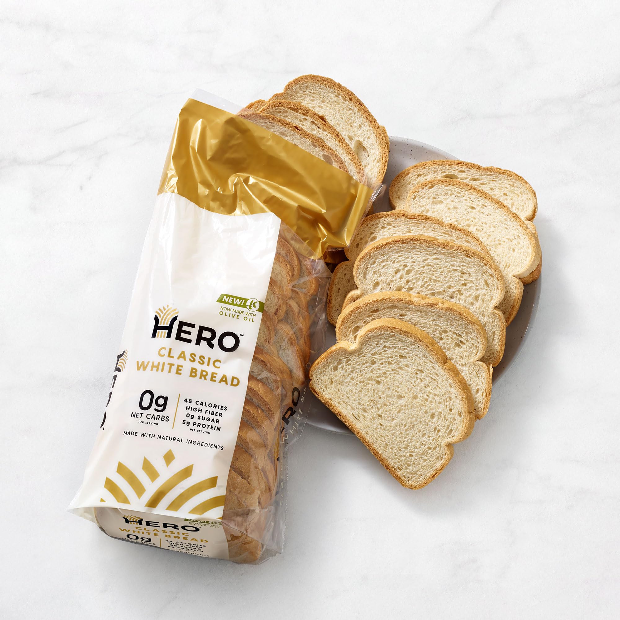 Hero Classic White Bread — 0g Net Carb, 0g Sugar, 45 Calories, 10g Fiber per Slice | Keto Friendly, Low Carb Bread | Tastes Like Regular Bread | 15 Slices per Loaf, Pack of 4 | Perfect for Sandwiches, Toast & Keto Diet