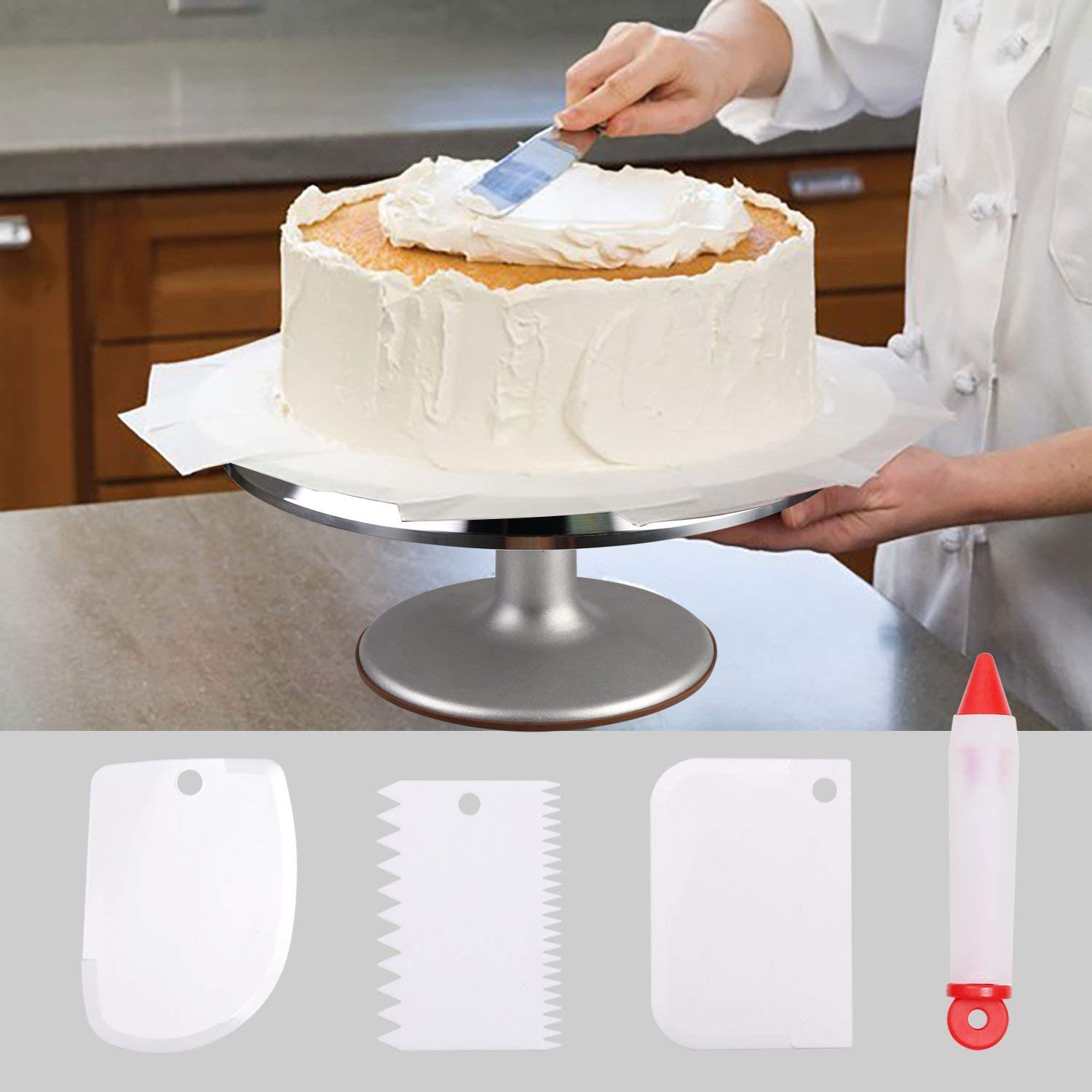12.7'' Aluminum Alloy Revolving Cake Turntable with Angled Icing Spatula, Cake Leveler, Comb & Smoother - Professional Baking Tools for Cake Decorating, Wedding Cakes, Birthday Cakes & Dessert Making (ZC011)