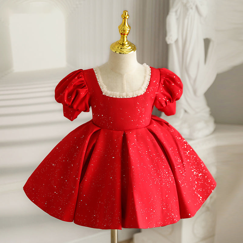 Red Princess Satin Flower Girl Dress with Beaded Sequins - Perfect for Weddings, Pageants & Special Occasions