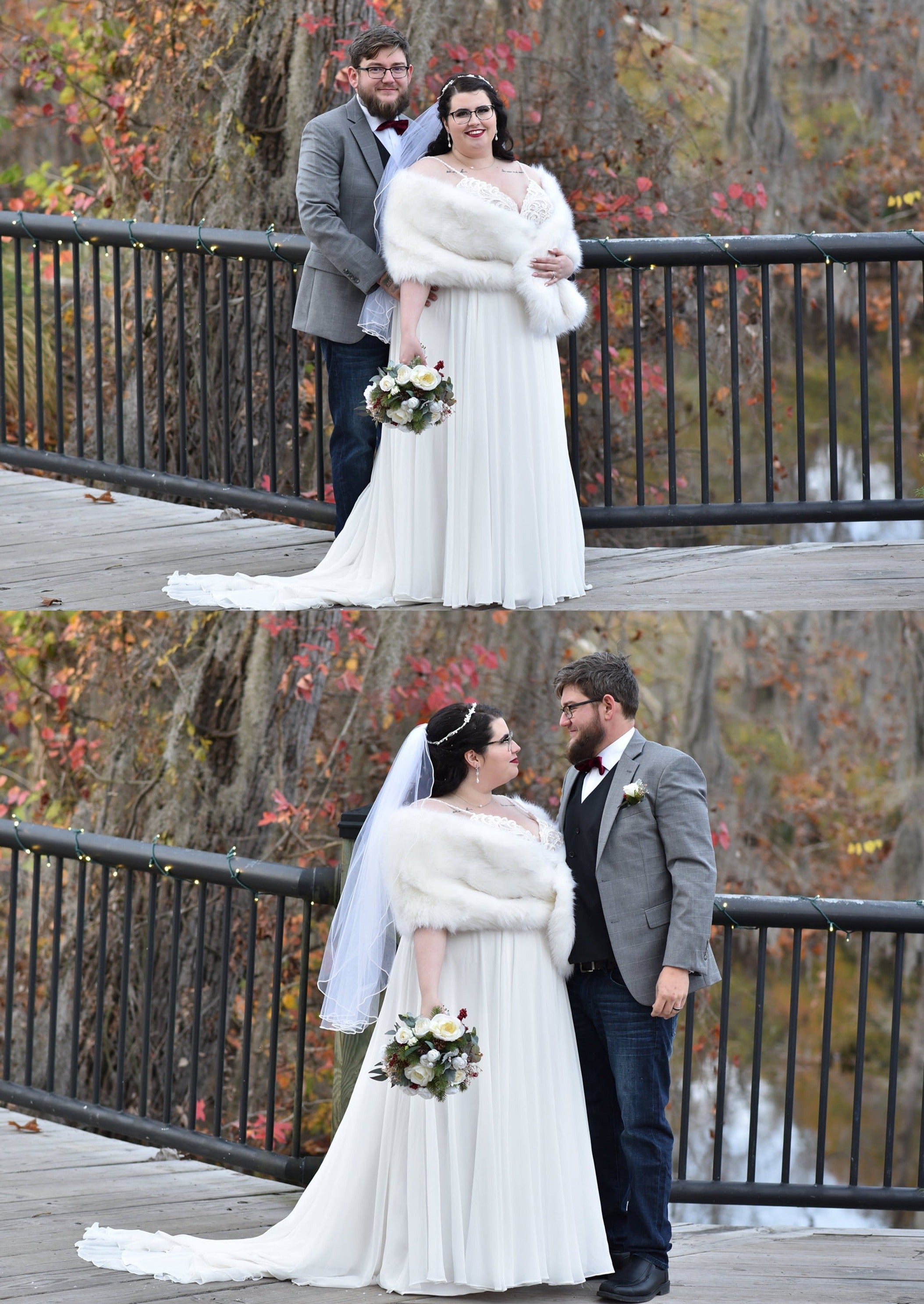 Ivory with Black Tips Faux Fur Shawl - Plus Size Wedding Wrap for Brides (Lilian Wht03) | Elegant Winter Wedding Accessory & Photo Prop