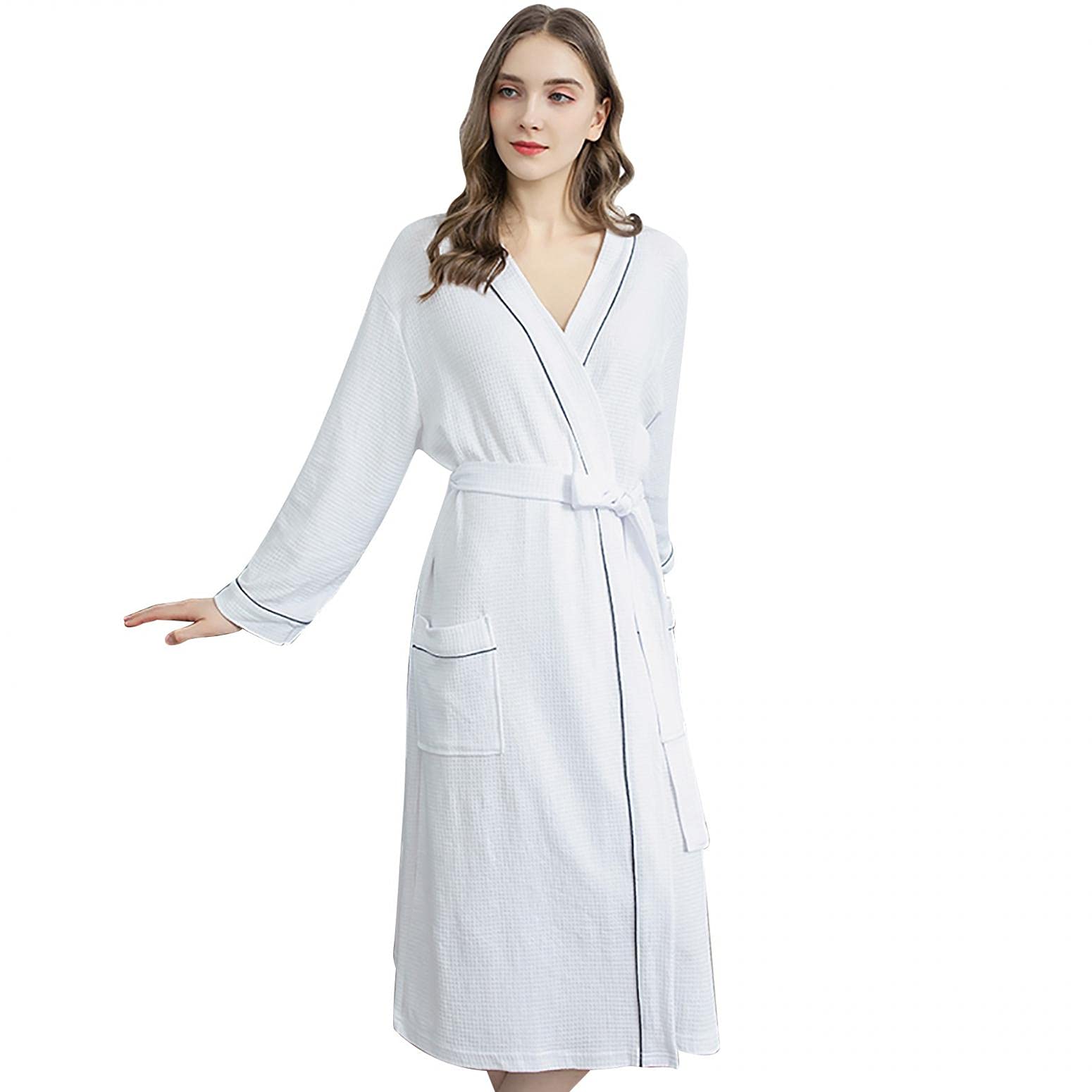 Women's Long Sleeve Kimono Waffle Bathrobe - Soft Cotton Sleepwear & Loungewear for Shower, Spa, Hotel, Holiday - Cozy Nightgown for Relaxation at Home or Travel