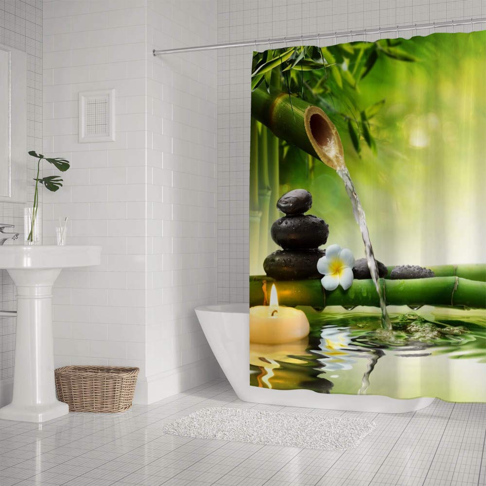 Waterproof Polyester Shower Curtain with 12 Hooks - Bamboo Forest & Running Water Design - 66x72 Inch Bathroom Decor - Machine Washable & Durable - Perfect for Modern Bathrooms, Spas, and Guest Baths