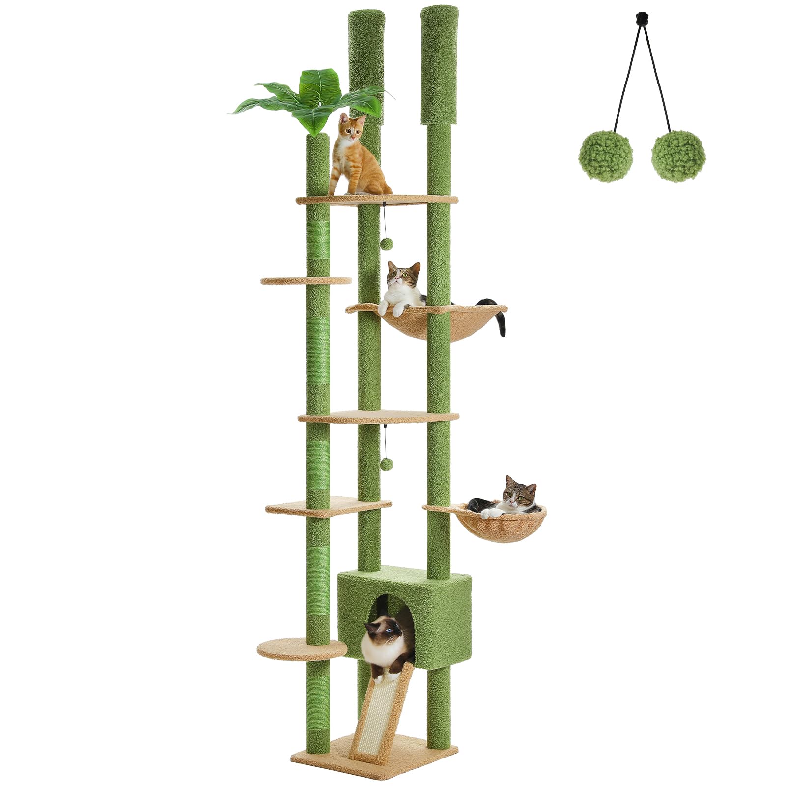 PAWZ Road 7.5ft Adjustable Cat Tree with Hammock, Condo & Toys - Multi-Level Cat Tower with Scratching Posts for Indoor Cats - Perfect for Small Spaces & Multi-Cat Homes (Green)