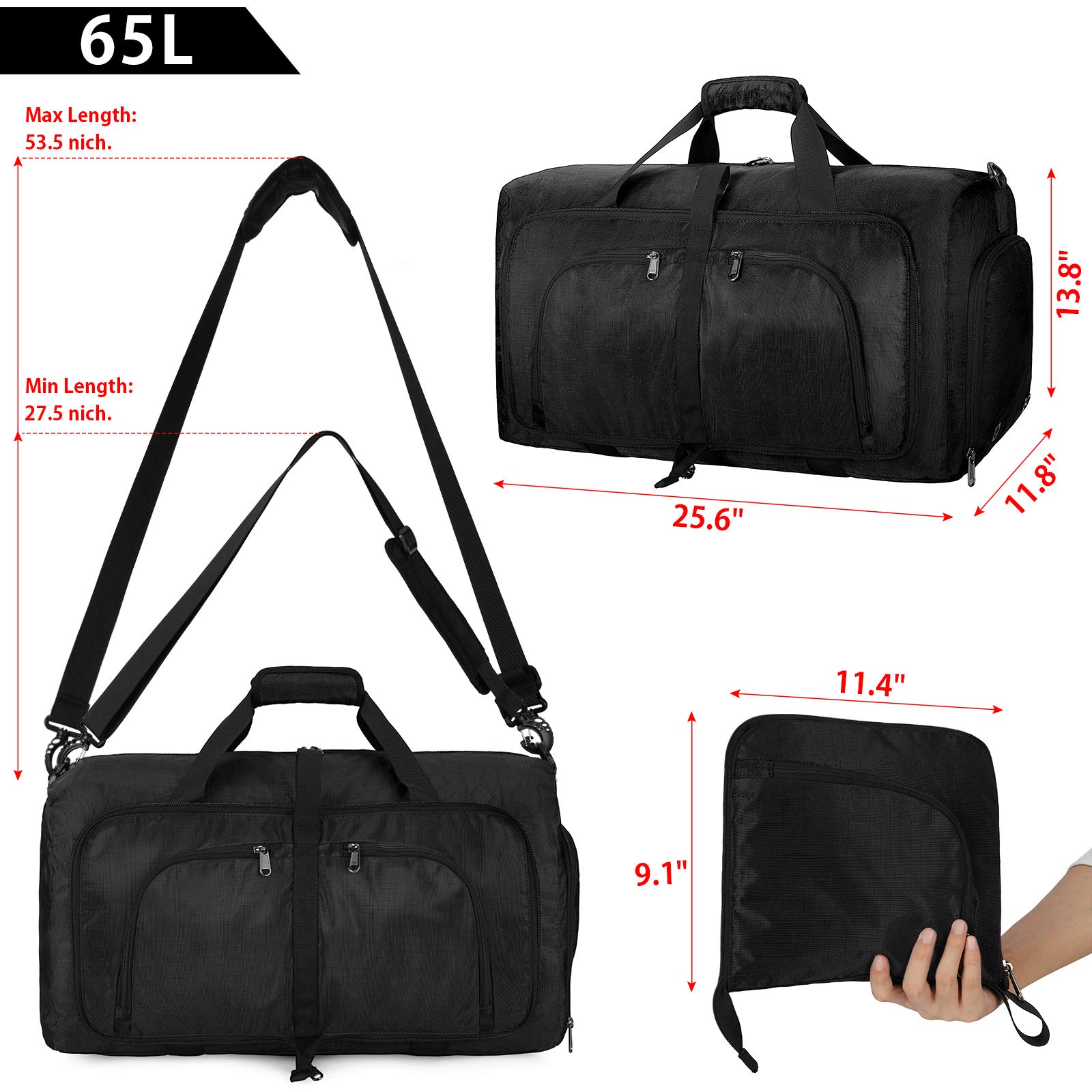 65L Waterproof Foldable Duffle Bag for Travel - Carry On Weekender Overnight Bag with Shoe Compartment for Men & Women | Perfect for Gym, Weekend Trips & Airplane Carry On (Black)