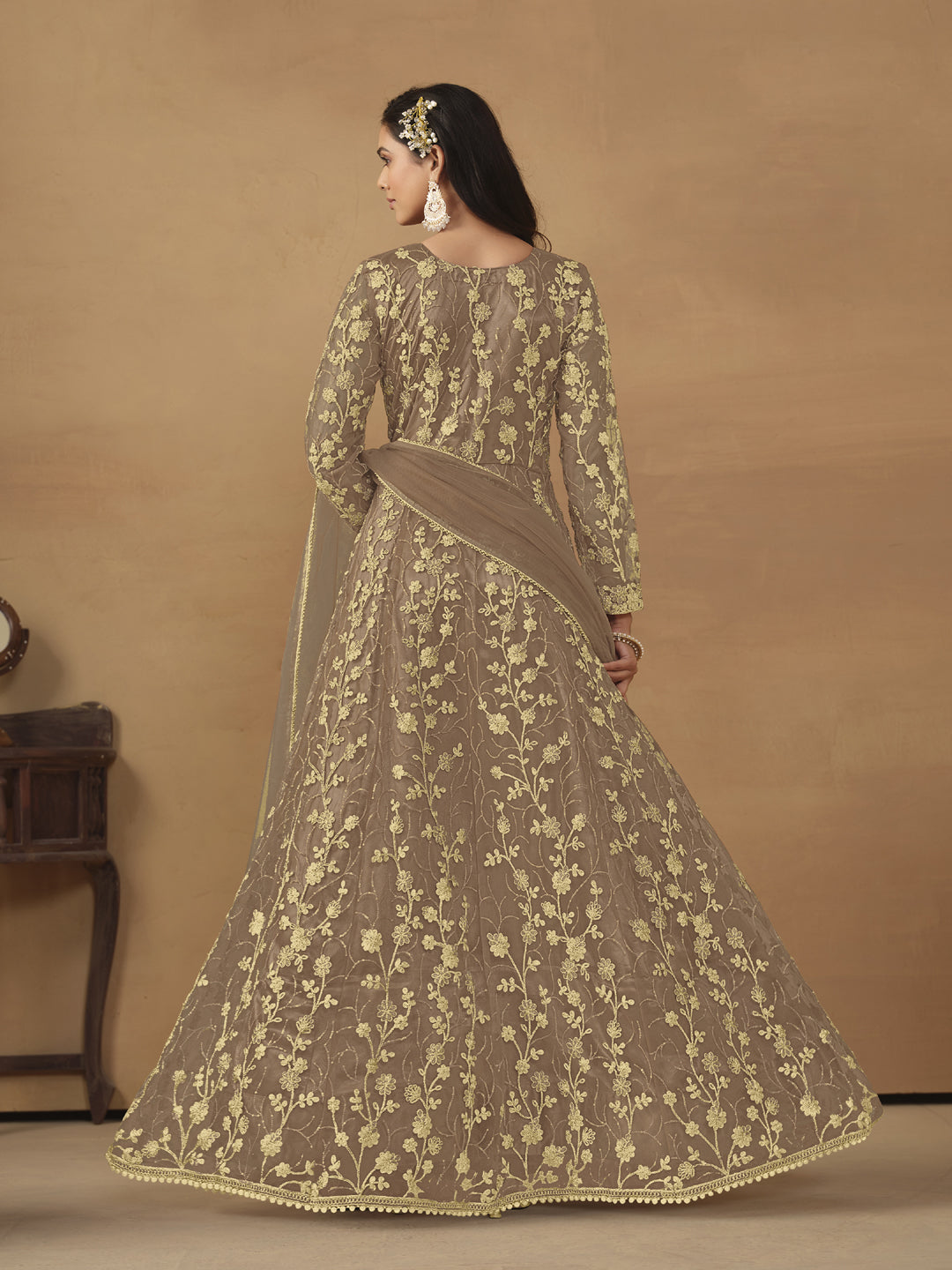 Elegant Brown Heavy Designer Anarkali Dress with Exquisite Embroidery - Perfect for Weddings, Parties & Festive Occasions