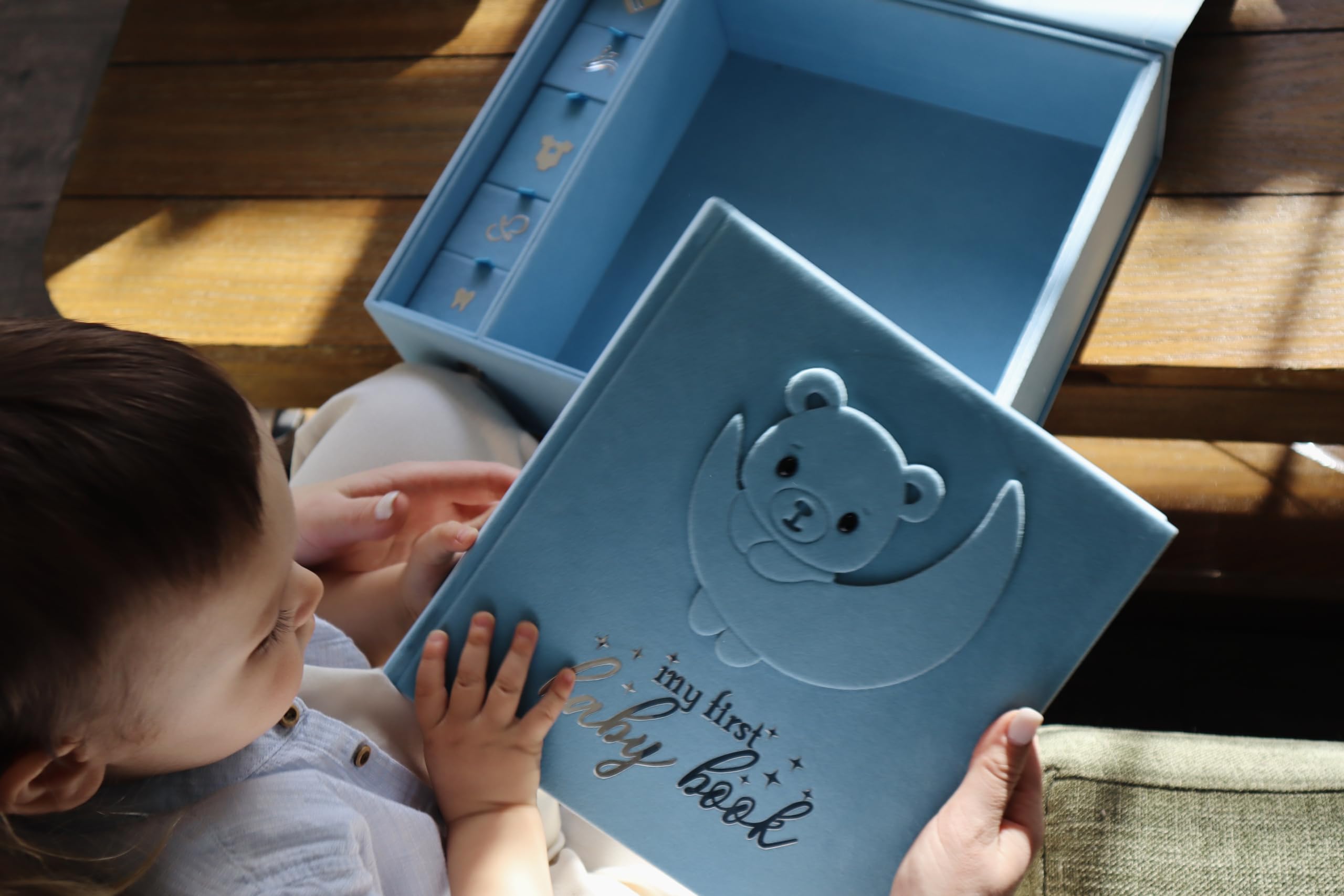 Handmade Baby Memory Book & Scrapbook Photo Album with Keepsake Box - Newborn First Year Journal with Hand & Footprint Kit - Perfect for Baby Shower Gifts & 0-12 Month Milestones (Teddy Bear Boy, Blue)