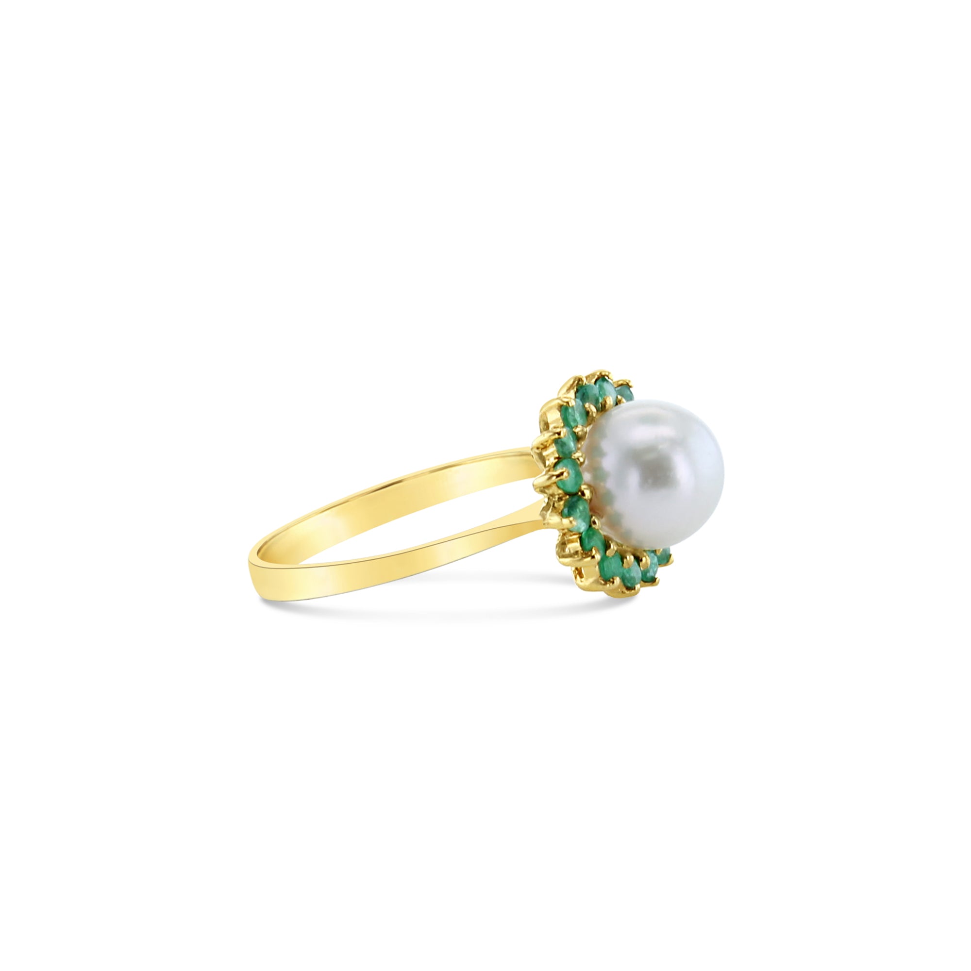 14k Yellow Gold Pearl & Emerald Halo Ring | Elegant Vintage Jewelry for Women | Perfect for Weddings, Anniversaries & Special Occasions