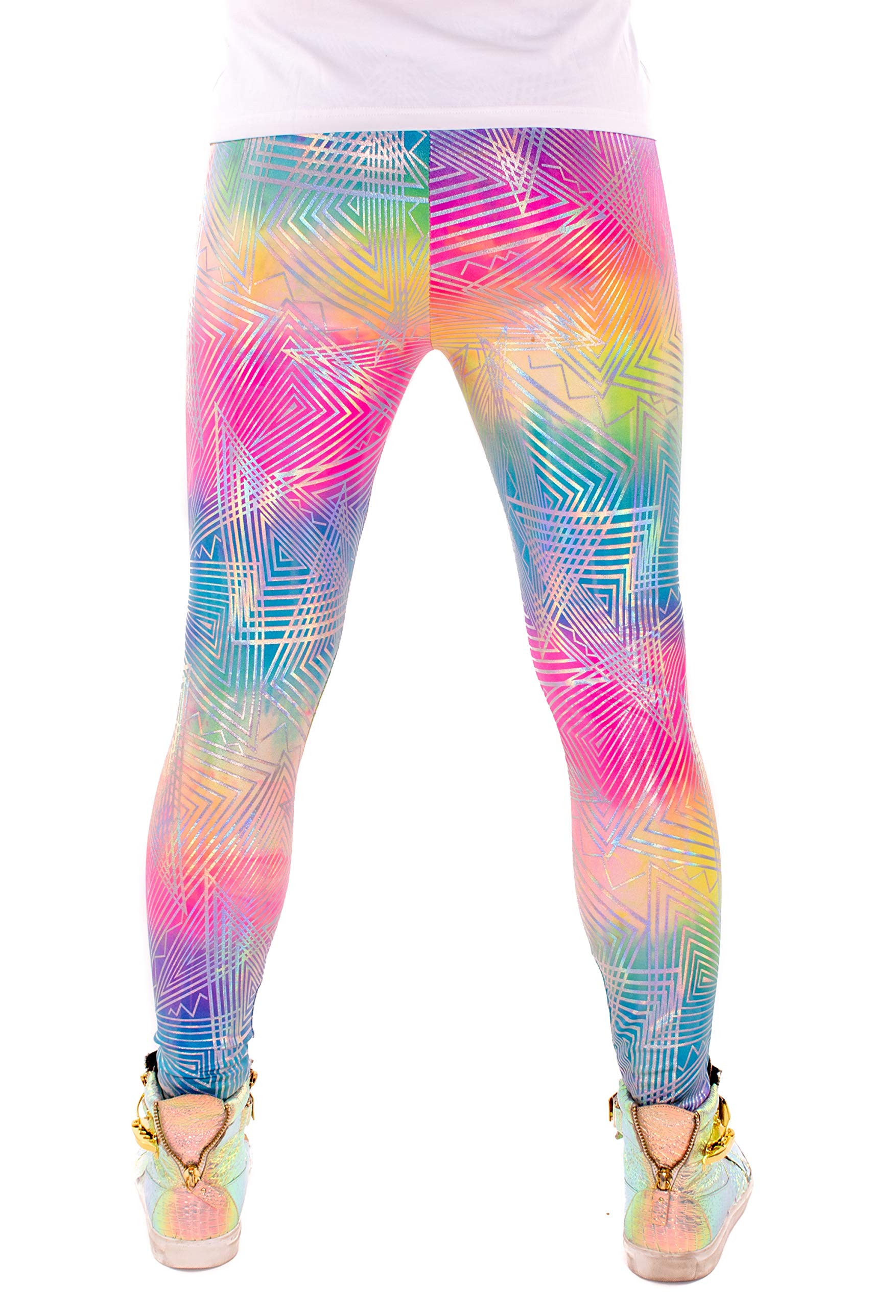 Funstigators Festival Clothing: Men's Holographic Disco Meggings - Made in USA | Rave, EDM, & Cosplay Dancewear for Music Festivals & Nightlife