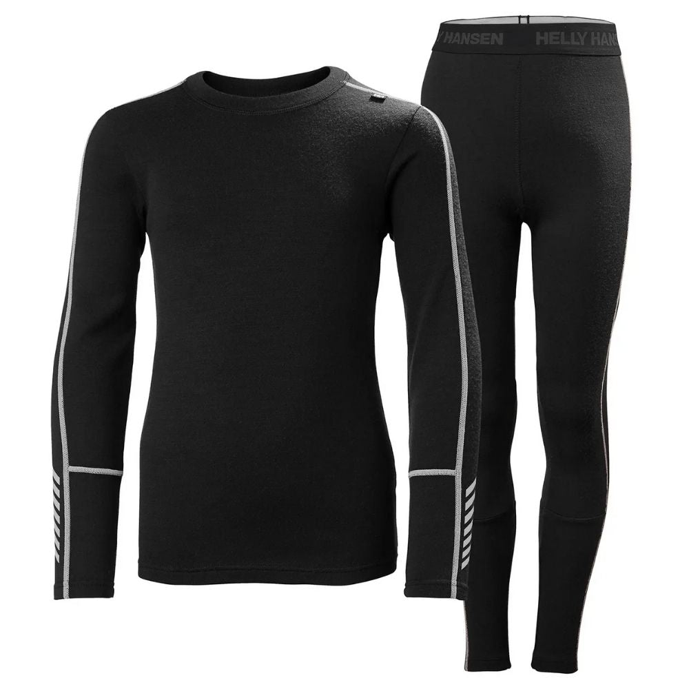 Helly Hansen Junior LIFA Merino Midweight Baselayer Set for Kids - Black | Warm Winter Thermal Underwear for Outdoor Activities, Skiing & Snowboarding