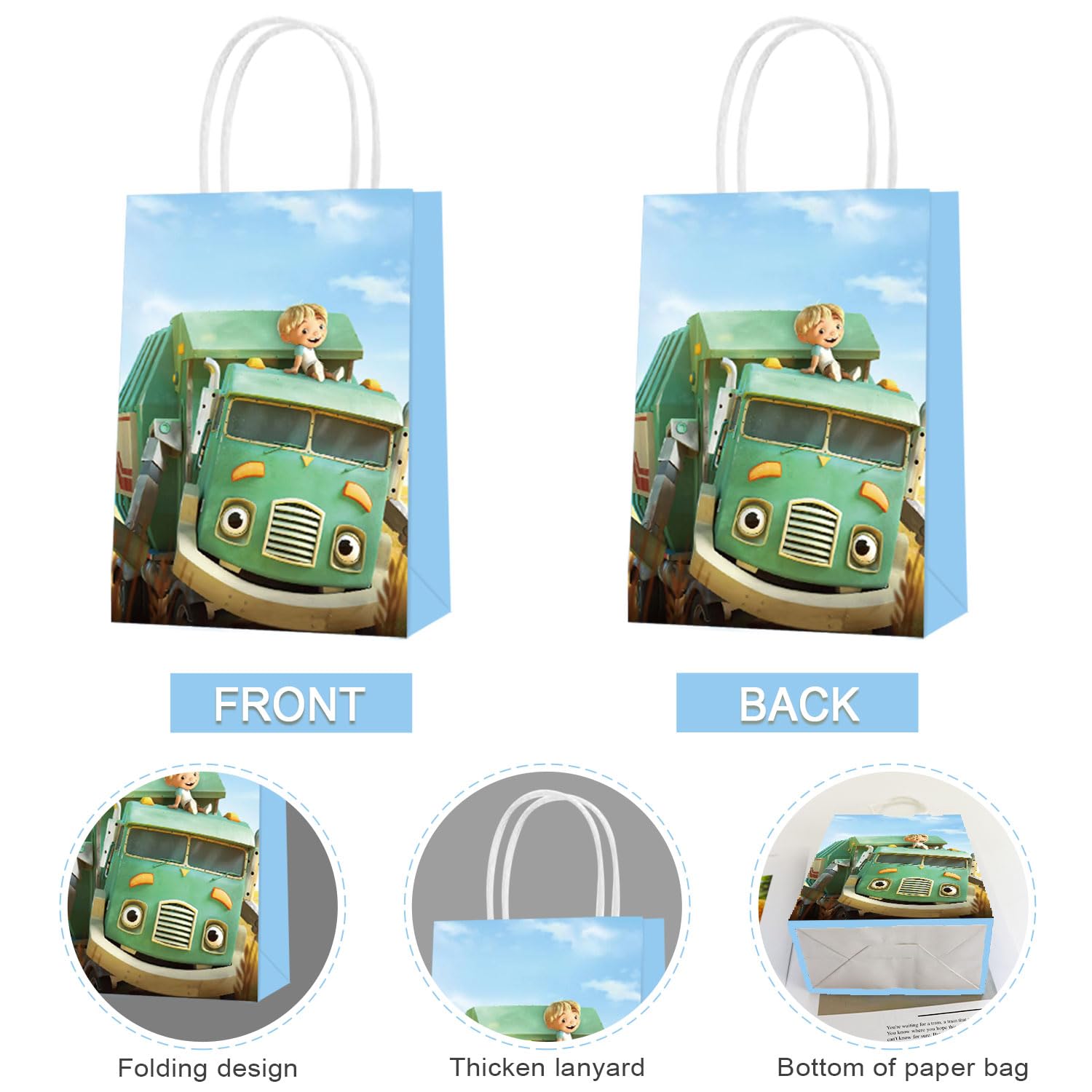 16 Pcs Trash Truck Themed Party Favor Bags with Handles - 2 Styles for Kids Birthday Party Supplies, Goodie Bags for Candy & Gifts - Perfect for Trash Truck Themed Decorations, Boys & Girls Birthday Parties, Baby Showers & School Events