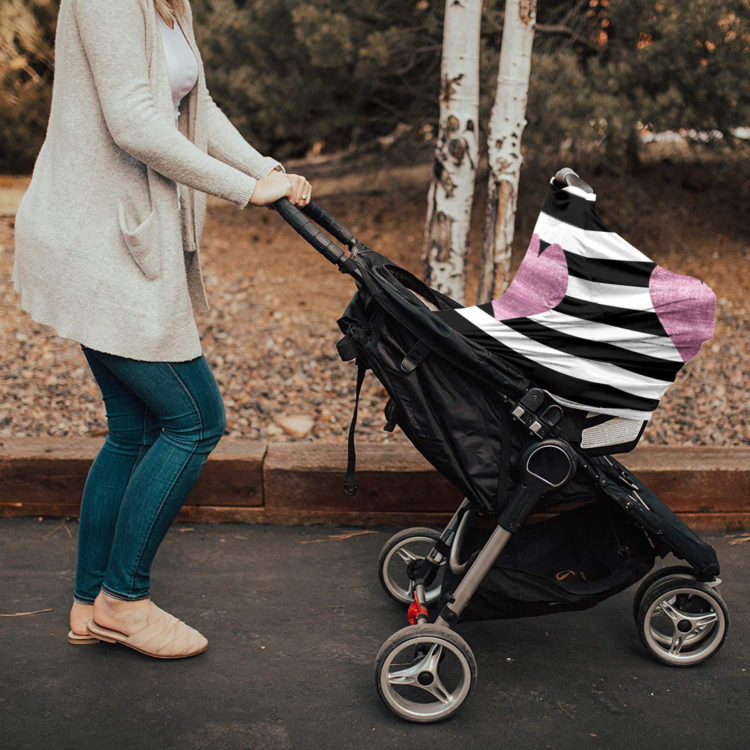 Breastfeeding Cover Scarf - Stretchy Soft & Breathable Nursing Poncho for Baby, Kids Car Seat & Stroller Cover - Heart Pink & Striped White Black Design - Perfect for Nursing Privacy, Travel & Outdoor Use