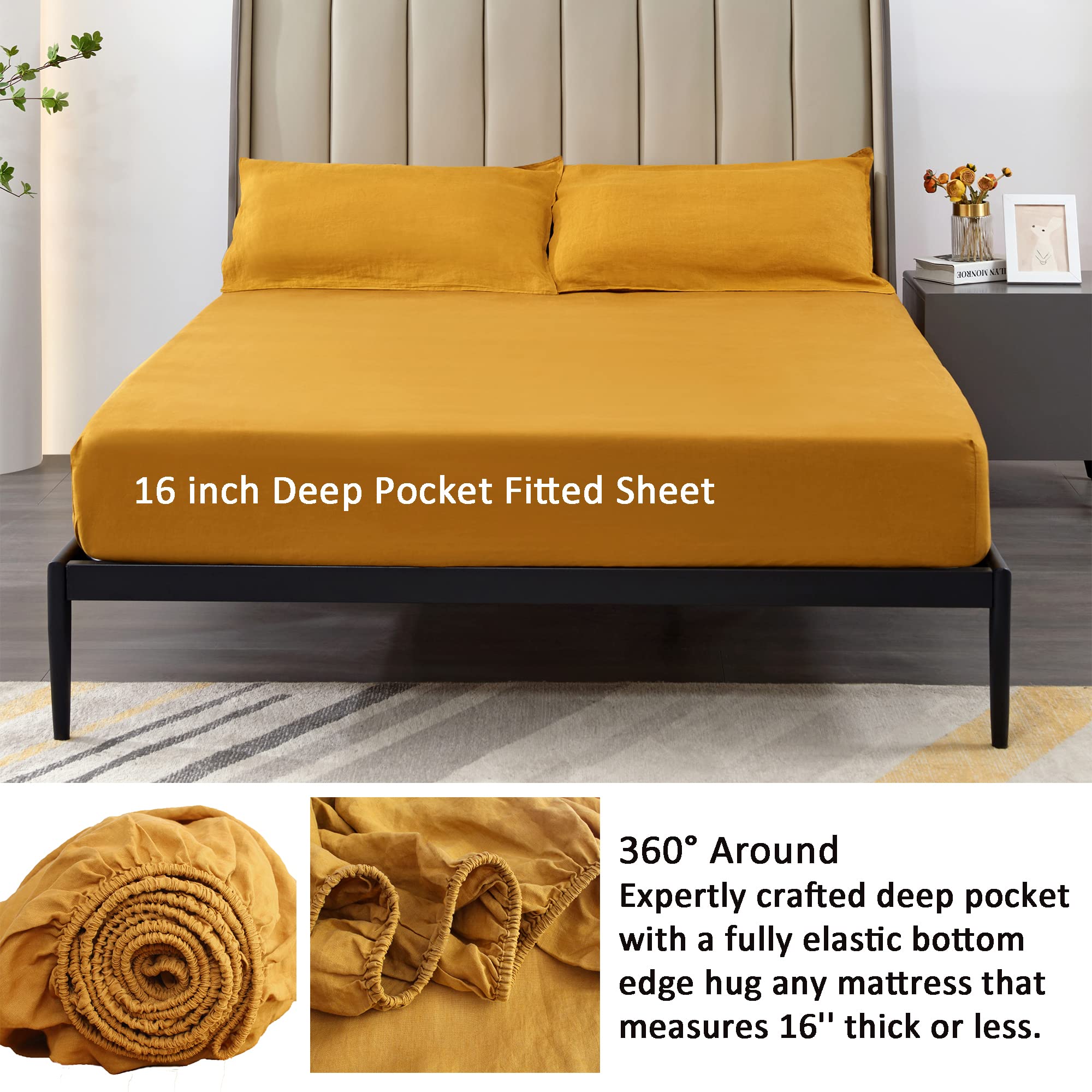 100% Organic Linen Sheets California King Size - French Flax Bedding Set 4pc (Stone Washed, Breathable, Yellow) | Luxury Eco-Friendly Bed Sheets for Master Bedroom & Guest Room