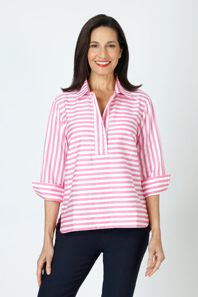 Hinson Wu Aileen Women's Button Back Stripe & Check Blouse - Stylish Casual Top for Office, Dating & Everyday Wear