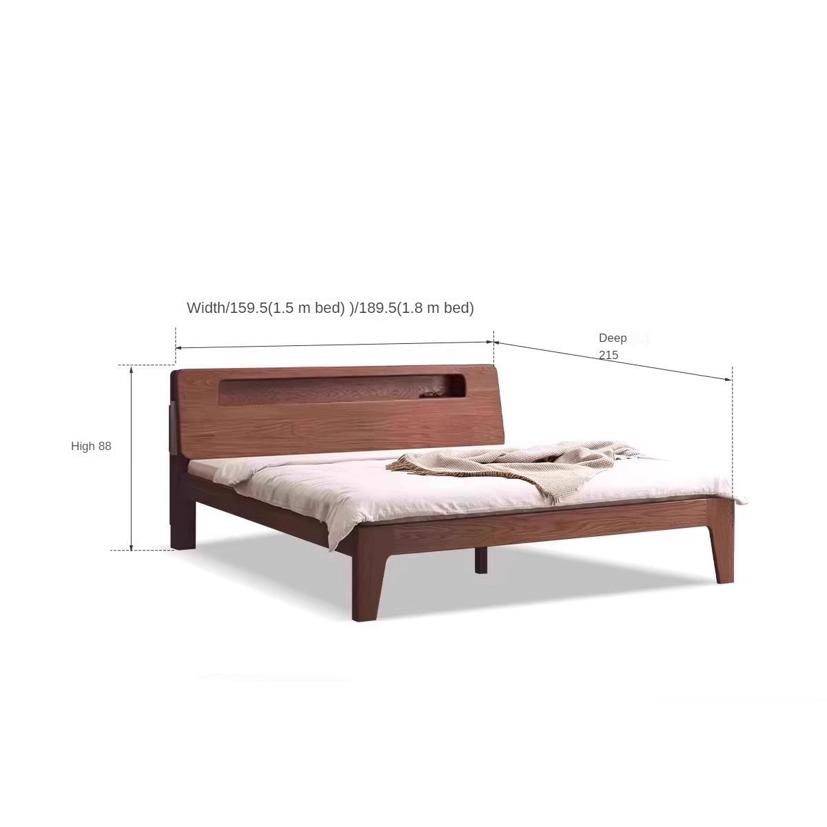 Solid Oak and Beech Wood Bed with Built-in LED Lights and Bookshelf - Modern Bedroom Furniture for Small Spaces, Lofts, and Studio Apartments