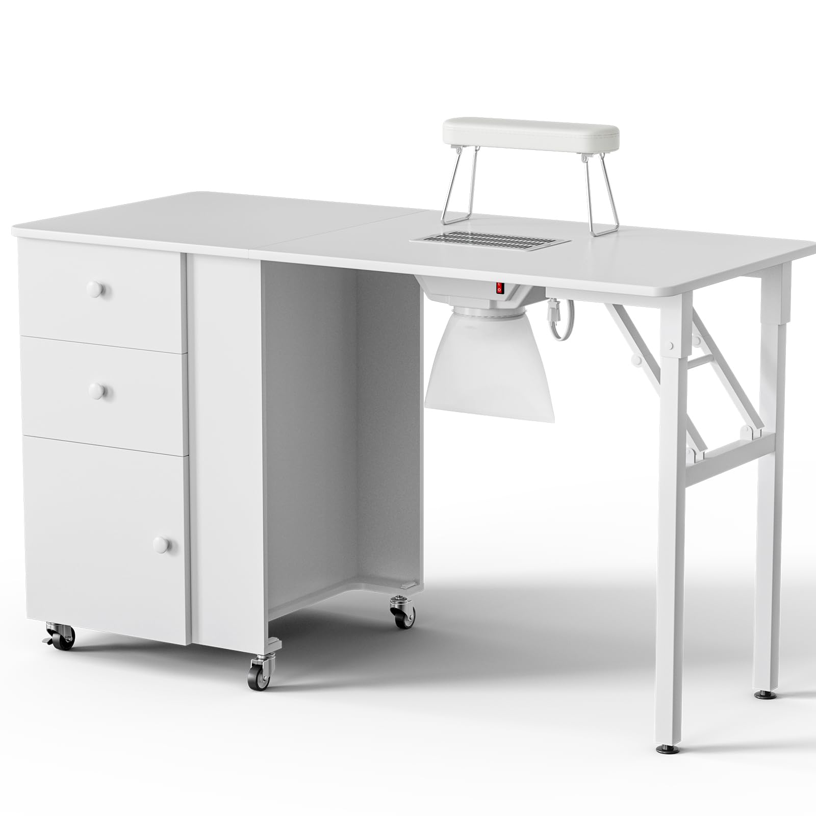 Foldable Manicure Table with Built-in Dust Collector - Adjustable Nail Desk for Professionals | Portable Rolling Nail Station with Wrist Support & Lockable Wheels | Perfect for Home Salons & Mobile Nail Technicians (White)