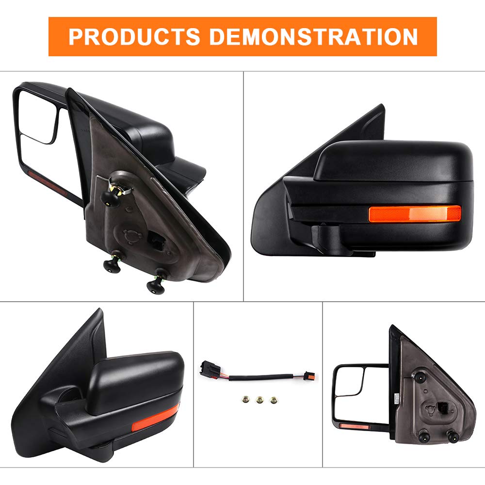 ROADFAR Power Heated Towing Mirrors for Ford F-150 (2004-2014) - Black Housing with Turn Signal & Puddle Light - Left & Right Side Compatible - Perfect for Truck Towing, Night Driving & Off-Road Adventures