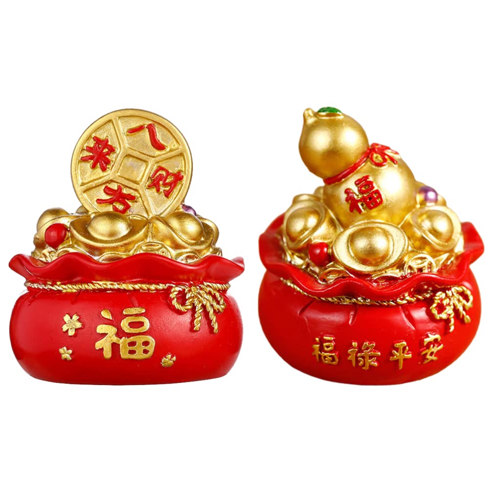 2Pcs Chinese Feng Shui Golden Money Bag Treasure Basin - Lucky Wealth Ingot Decorative Figurine for Home & Office - Attract Prosperity & Good Fortune - Perfect for Desk Decor, Gift Giving & Feng Shui Arrangements