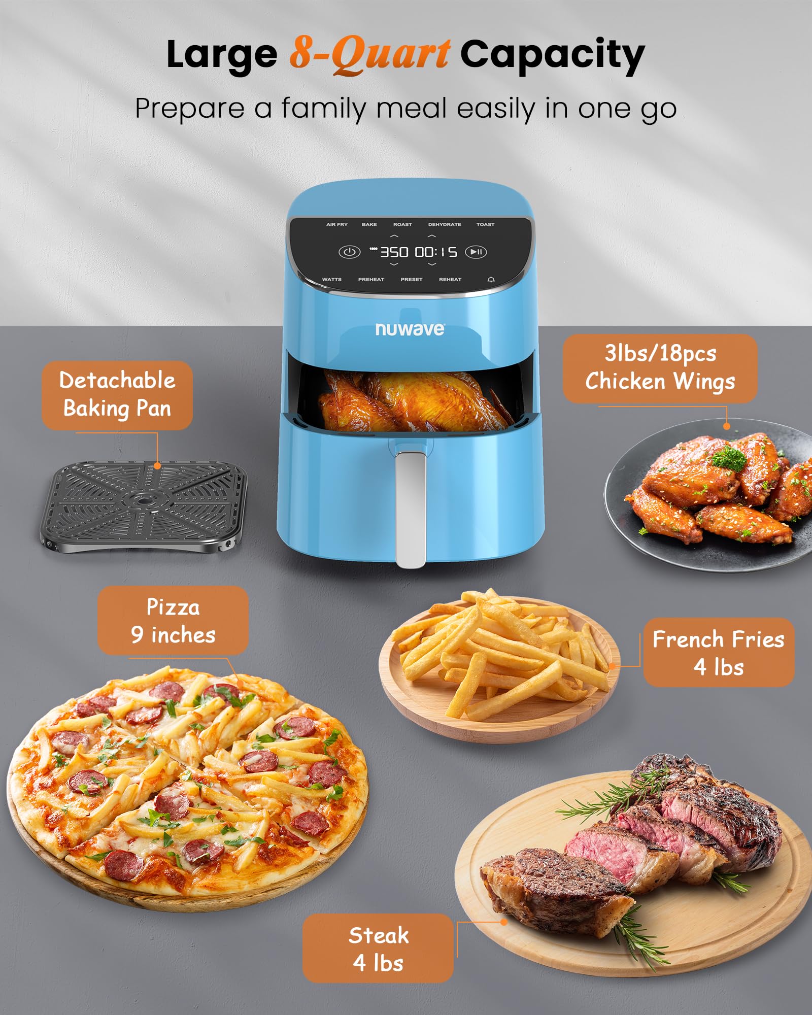 Nuwave Brio Plus 8 Qt Air Fryer - PFAS-Free, 7-in-1 Digital Cook Functions (Air Fry, Bake, Roast, Dehydrate, Toast, Reheat, Preheat) with 150 Presets & 50°F-400°F Temperature Range - Perfect for Healthy Cooking, Meal Prep & Family Dinners