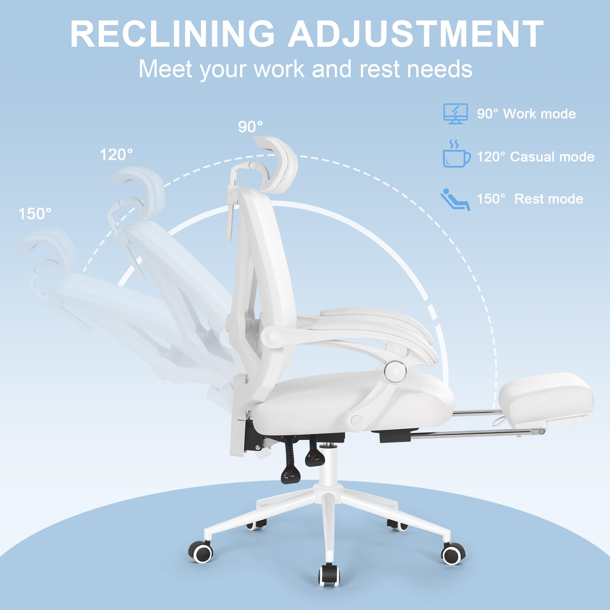 Ergonomic Office Chair with Footrest & Adjustable Lumbar Support - High Back Computer Chair with Headrest - White Leather Desk Chair for Home & Office Workspace Comfort
